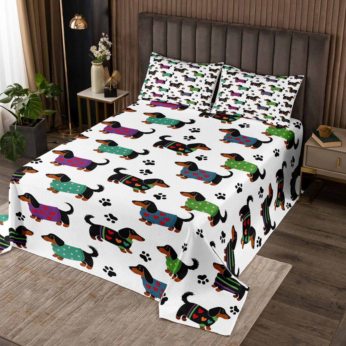 Manfei Lindo edredón de perro salchicha tamaño individual, juego de colcha de patas de perro, 2 piezas, regalos para amantes de los perros, colcha acolchada con 1 funda de almohada, decoración de