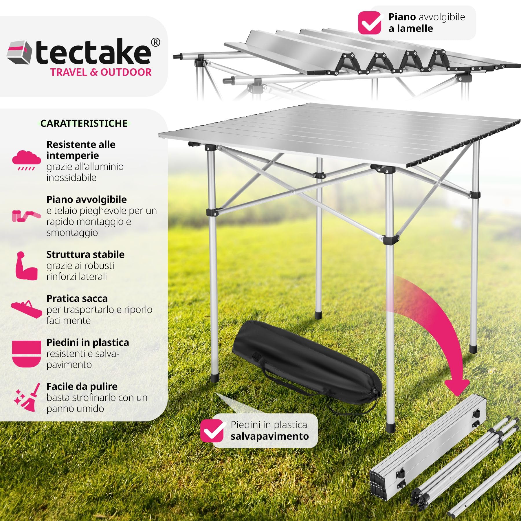 tectake® Tavolo da Campeggio Pieghevole, Telaio in Alluminio, Tavolo Salvaspazio con Pratica Borsa da Trasporto, Resistente alle Intemperie, 70x70x70 cm - Grigio