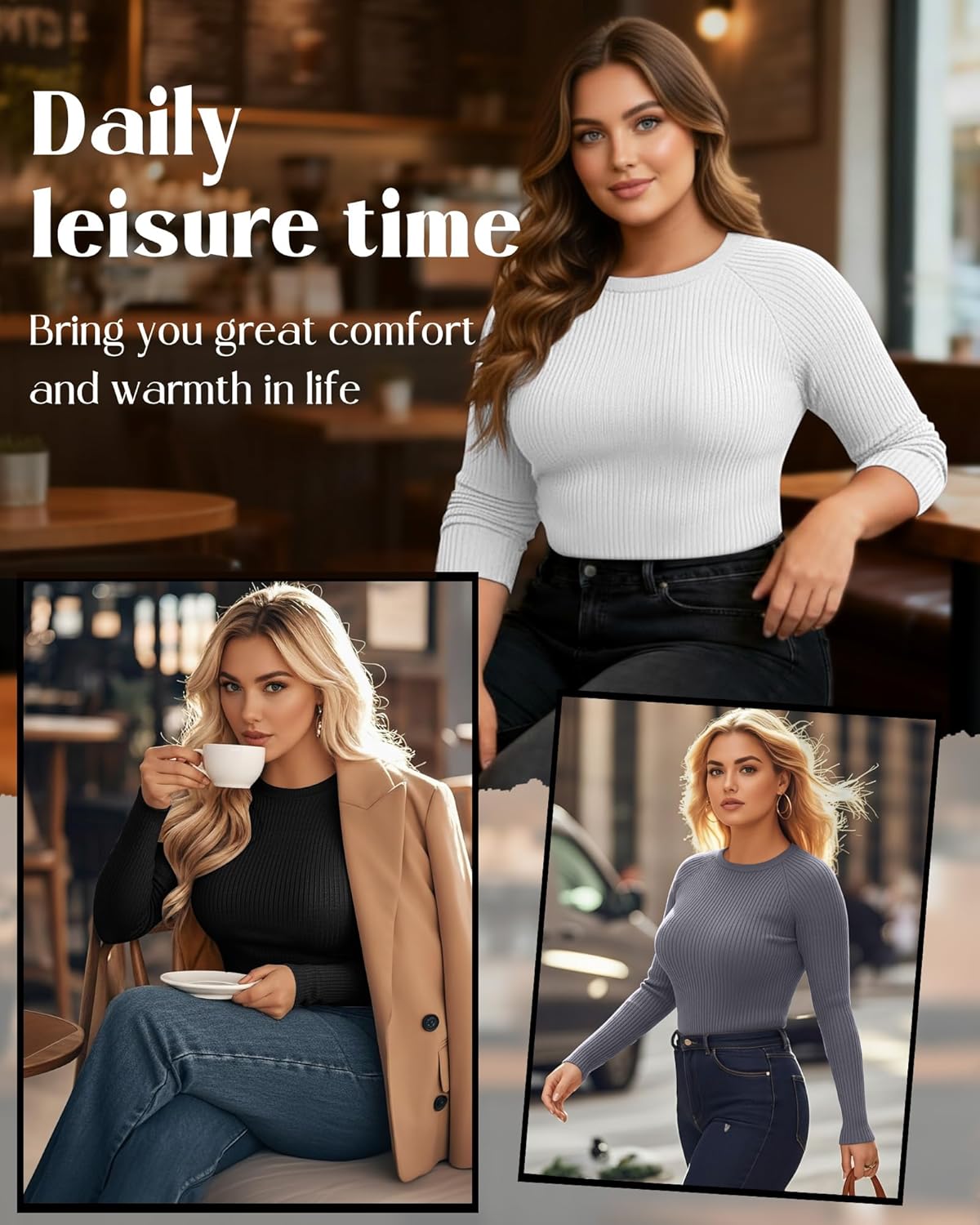 3 Pack Plus Size Thermal Shirts for Women Cotton Long Sleeve Ribbed Slim Fit Tops Crewneck Underwear Base Layer - Image 3