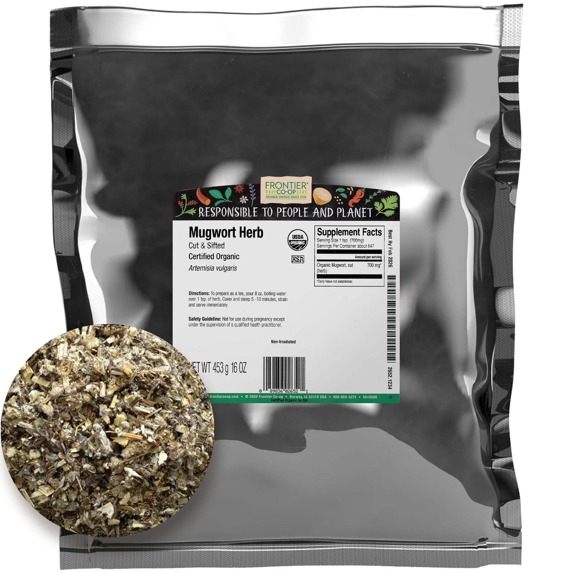 Frontier Co-op Mugwort Herb, Cut and Sifted, Certified Organic, Kosher, Bulk Bag, Artemisia vulgaris L. | 16 Ounce (Pack of 1)