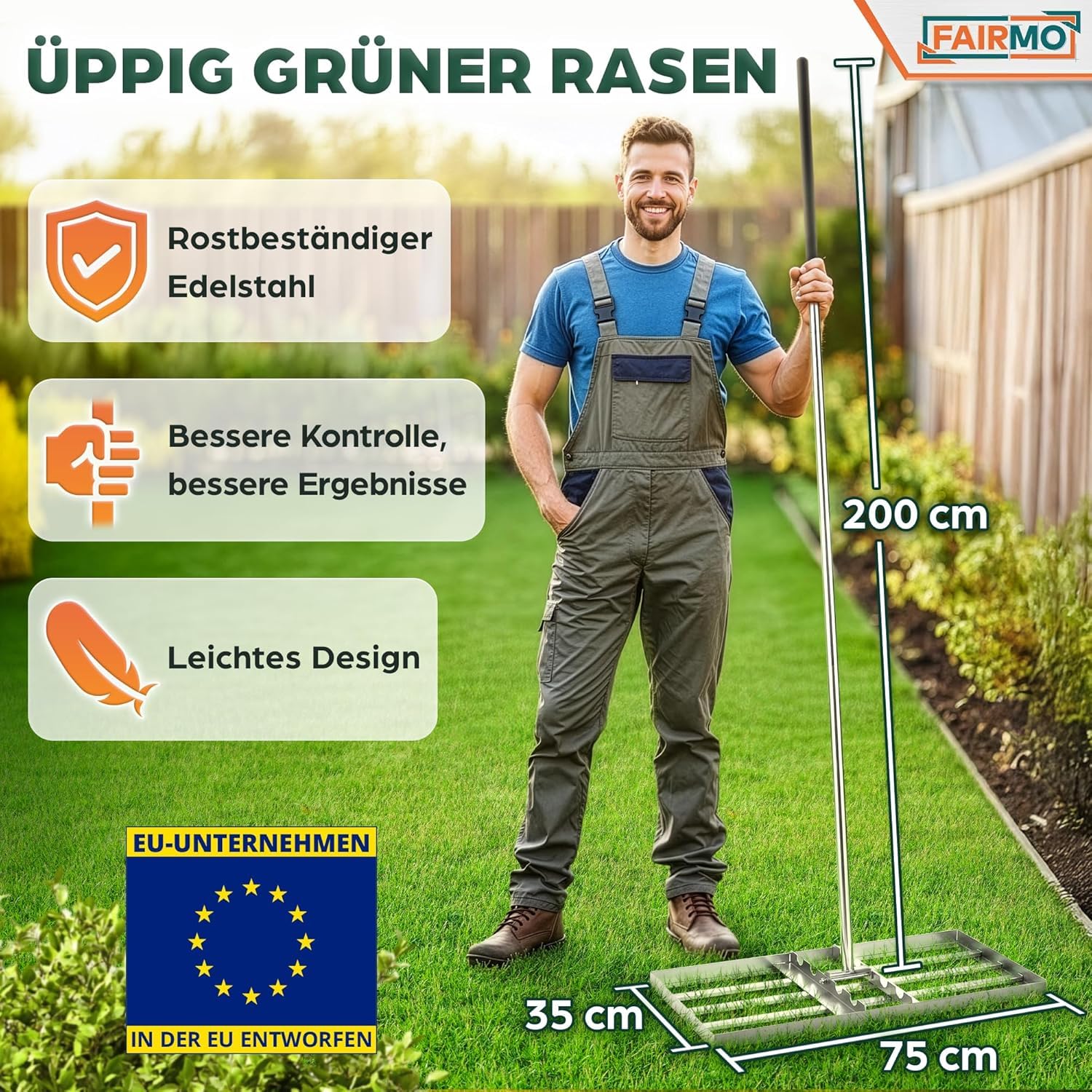 Rasenrechen Rasenrakel Edelstahl (75x35 cm) von Fairmo [für sattgrünen Rasen] - Rakel für Rasen inkl. 2 Meter Stiel - Rasenpflege mit Nivellierrechen - Rasenrechen breit Sanden