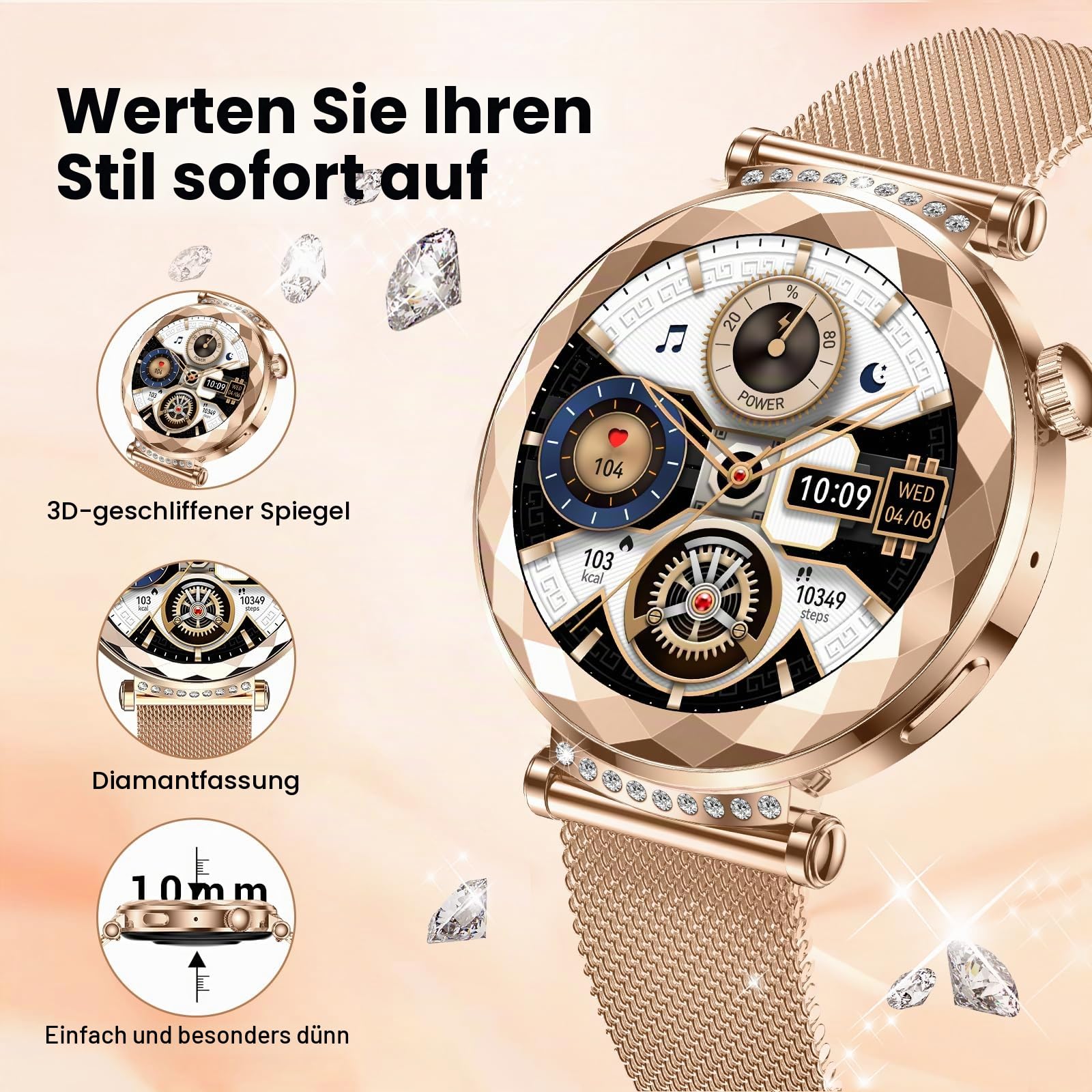 Smartwatch Damen, AURORA Ultradünn 1.19" Touchscreen - Bluetooth Anrufe, 200mAh 100+ Sportmodi, SpO2, Pulsuhr, Schlafmonitor, Schrittzähler, IP68, Kompatibel Sportuhr Damenuhr mit Android/iOS