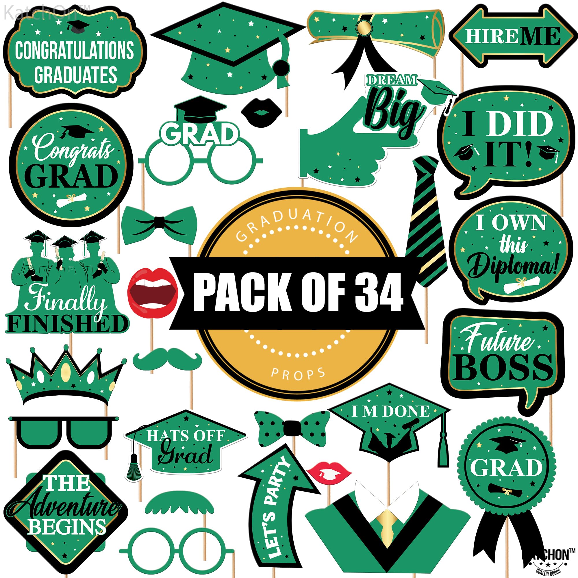 KatchOn, Graduation Photo Booth Props 2025 - Big, Pack of 34 | Black, Green Grad Photo Props 2025, Graduation Decorations Class of 2025 Photo Booth Props | Grad Props for Photoshoot 2025