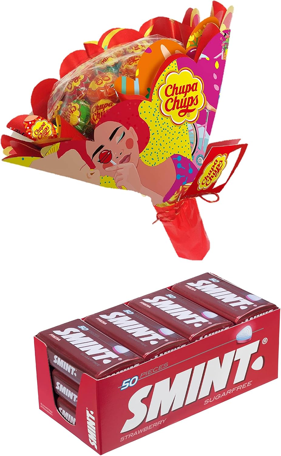 Chupa Chups Caramelo con Palo de Sabores Variados, 19 x 12g + Smint Tin Fresa, Caramelo Comprimido Sin Azúcar - 12 unidades de 35 gr, (Total 420 gr.)