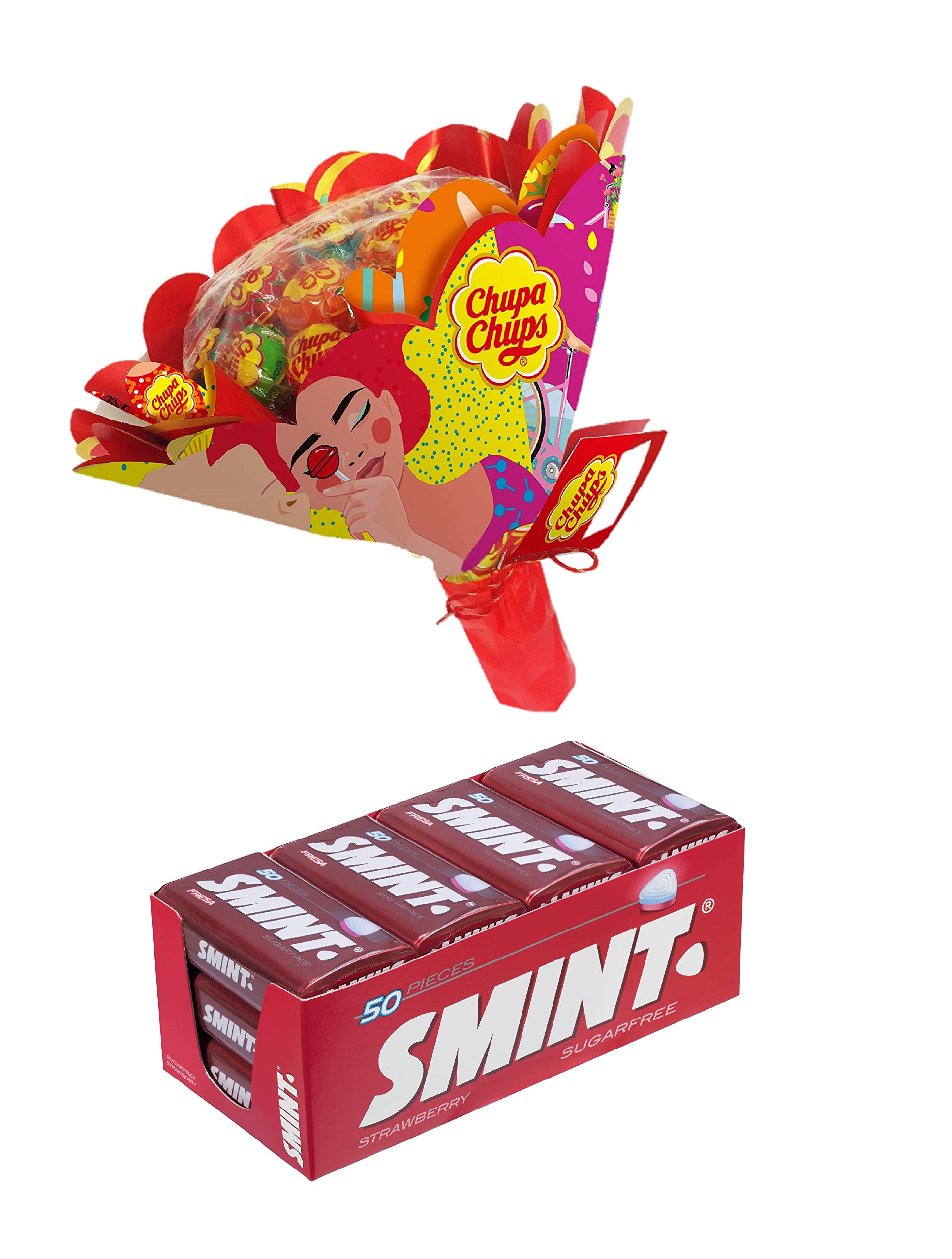Chupa Chups Caramelo con Palo de Sabores Variados, 19 x 12g + Smint Tin Fresa, Caramelo Comprimido Sin Azúcar - 12 unidades de 35 gr, (Total 420 gr.)