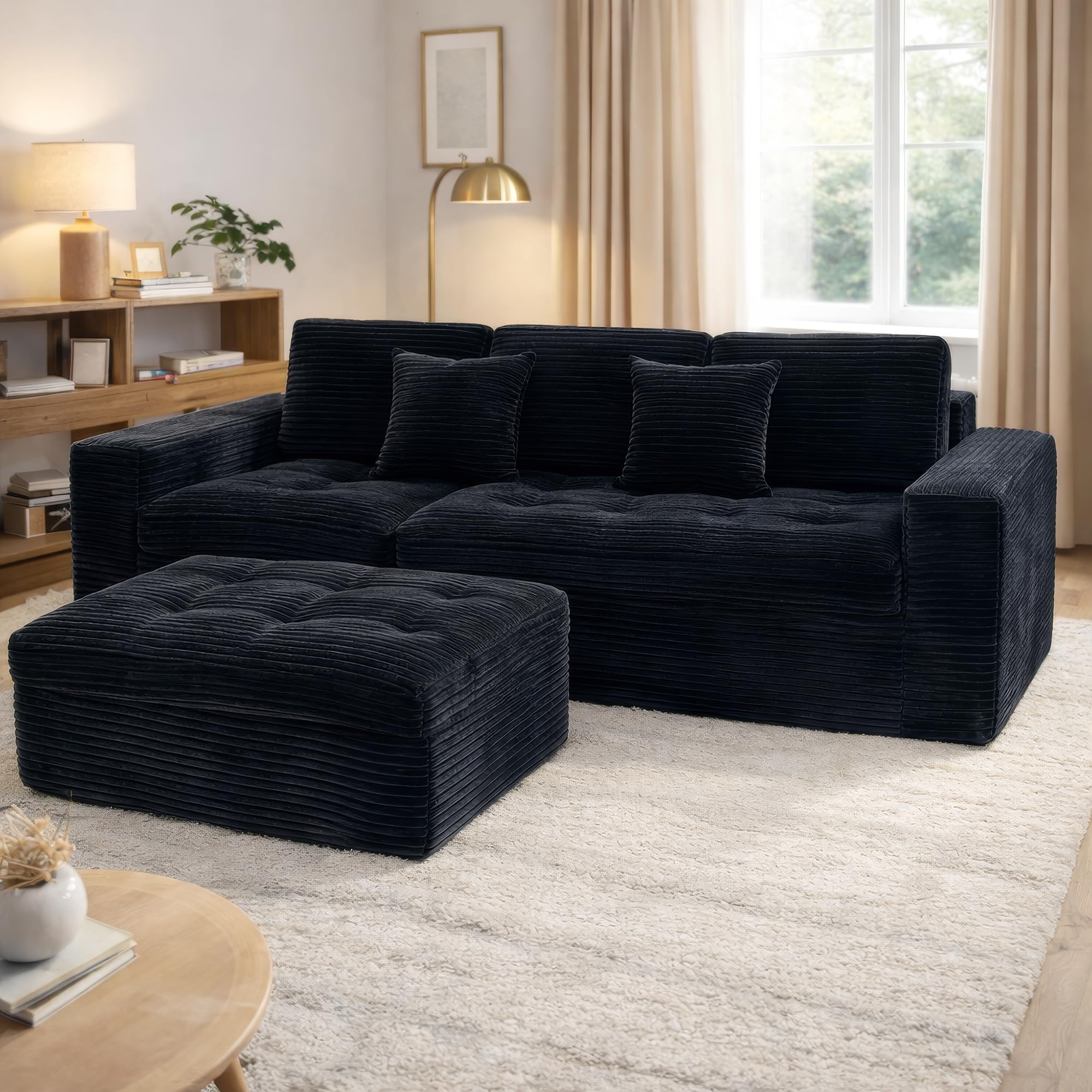 Eafurn 105 L-Shaped Boneless Modular Sectional Sofa with Movable Ottoman Comfy Corduroy Floor Couch with Deep Seat and