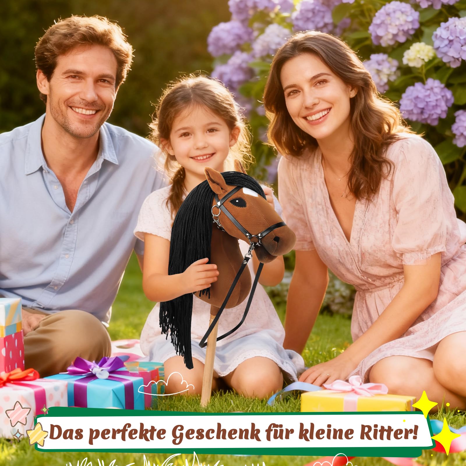 Charmofun Hobby Horse, A3 Kopfgröße Steckenpferd Kinder, Hobby Horsing mit Weichem Plüschhalfter, Fließendem Schweif & Verstellbarem Schultergurt, Perfekt für Garten, Geburtstag Grau (Braun)