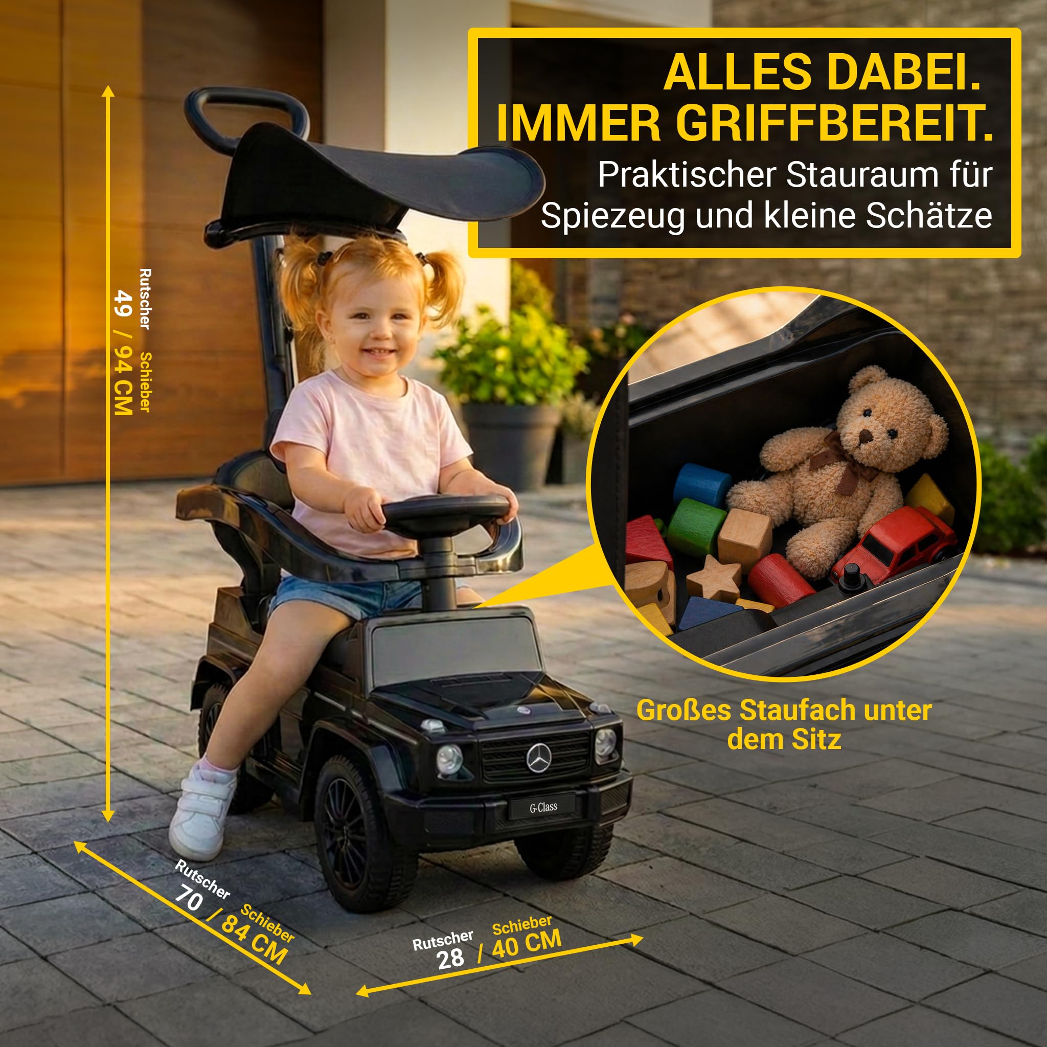 Actionbikes Motors Lauflernwagen Mercedes G350d | Rutschauto mit Schiebestange Schutzbügel Sonnendach - Kinderauto - Rutschfahrzeug - Laufrad - Gehwagen - Kinderfahrzeuge ab 1 Jahr (Schwarz 3in1)