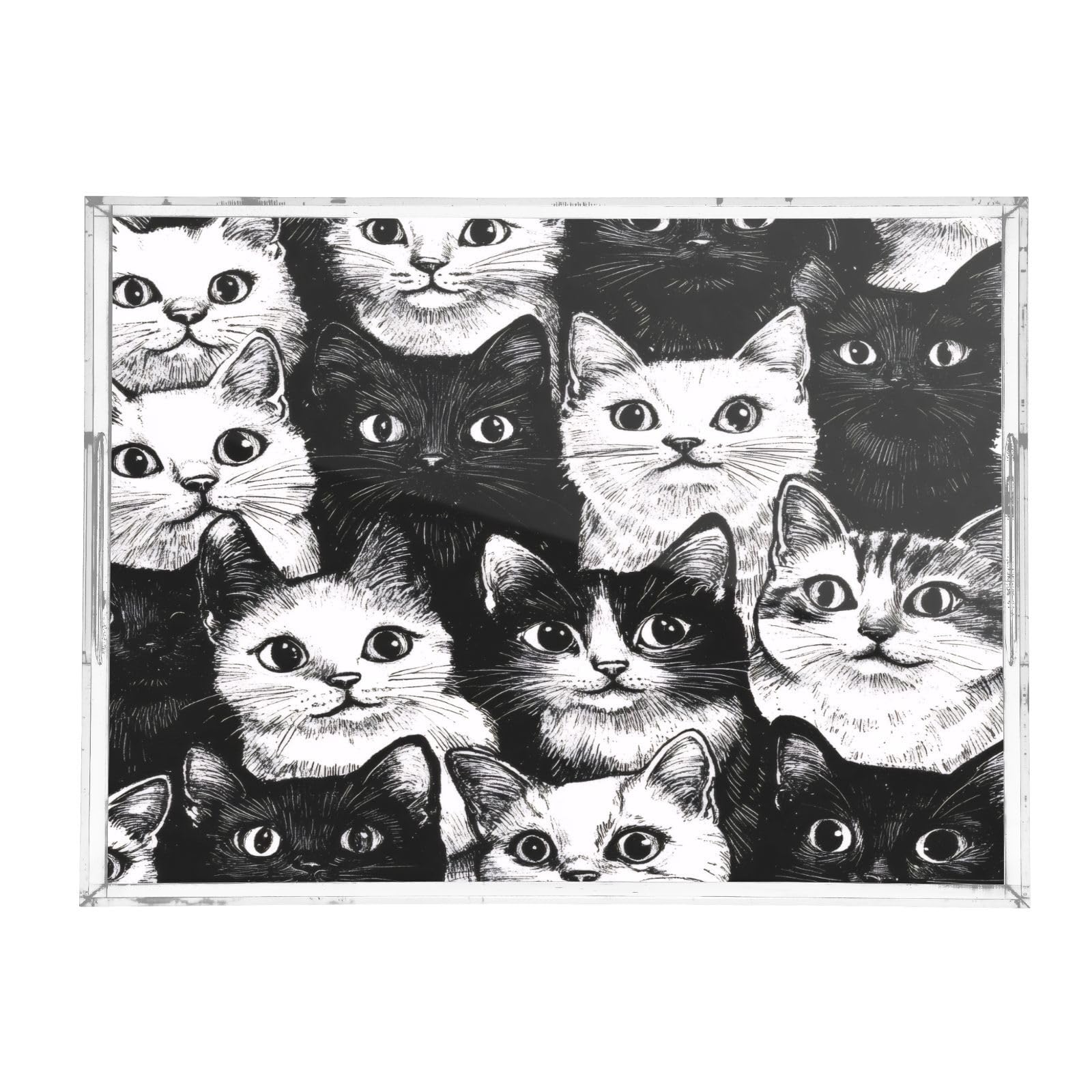 Msyxl White Cat Doodle Serving Tray for Coffee Table, Decorative Acrylic Tray White Cat Doodle Tray with with Handles for Breakfast, Ottoman, Countertop, 12x16 in