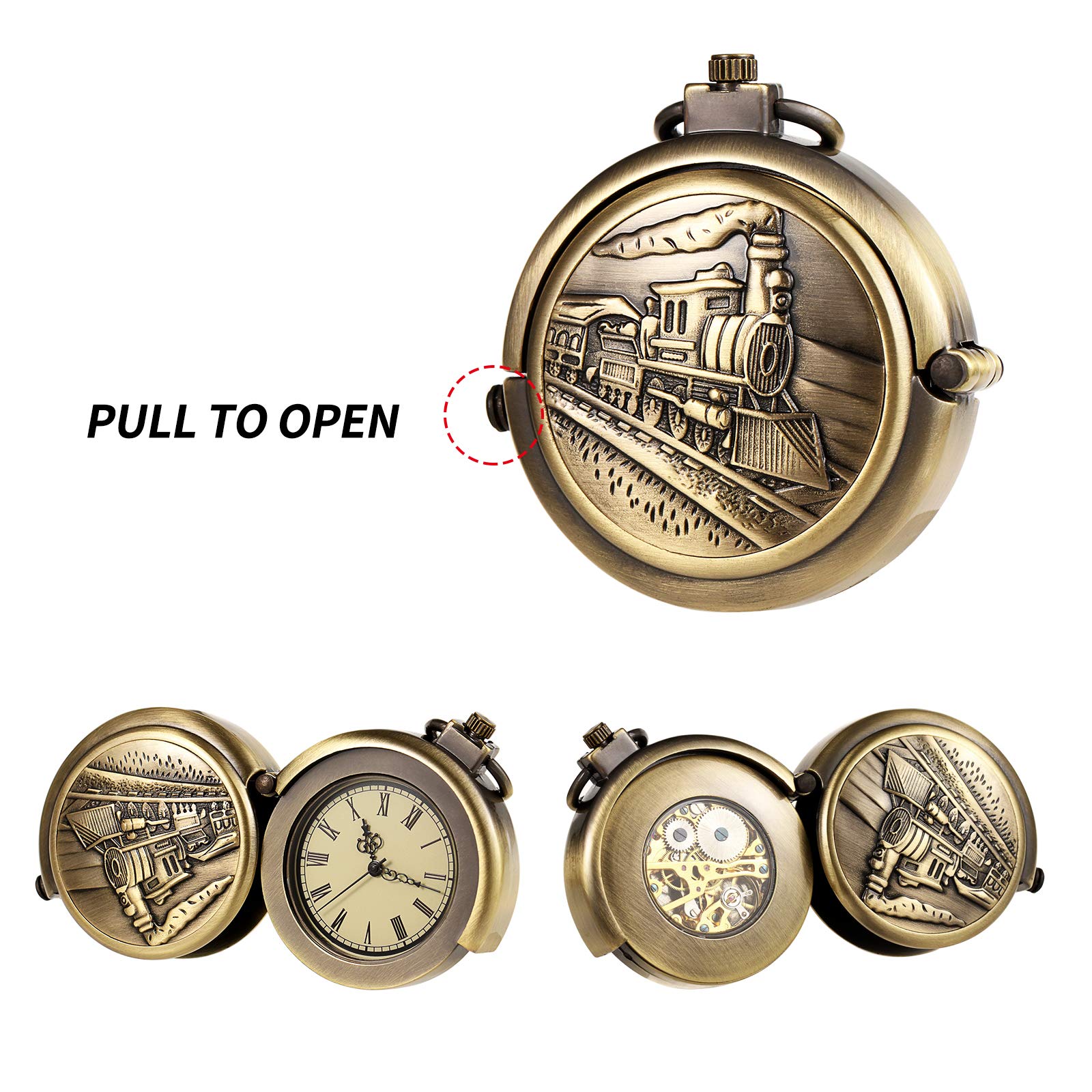 TREEWETO Reloj de bolsillo unisex con cadena, analógico, cuerda manual, forma especial, grande, hueco, bronce