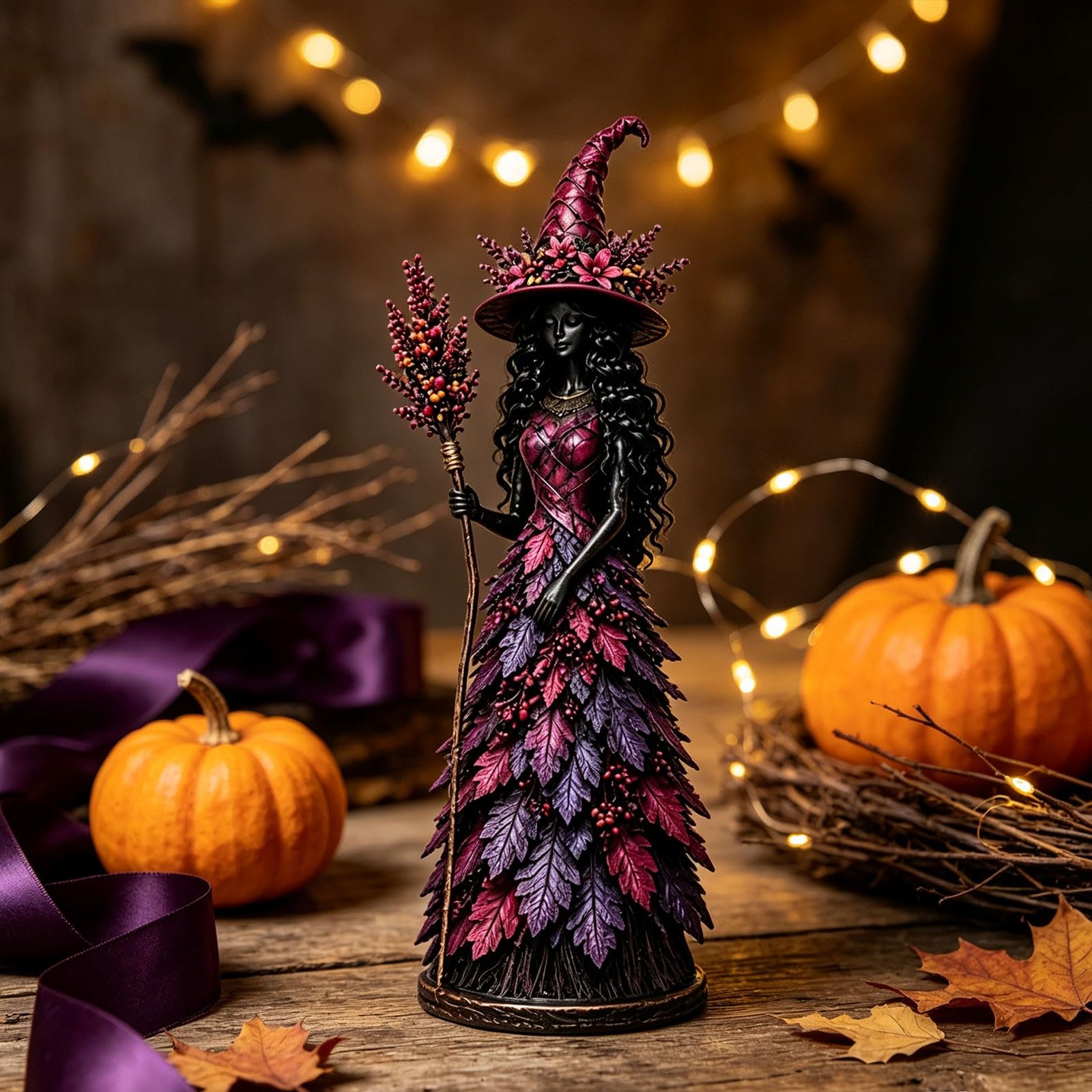 Enchanted Autumn Witch Figurine,Resin Halloween Statue for Mantelpiece