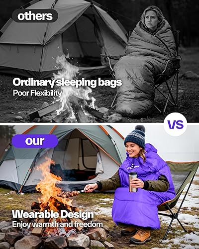 Miniatura 3 de Sportneer Saco de dormir portátil de 0 grados para adultos y niños - Caminable con cremalleras en los brazos, impermeable y cálido, compacto para