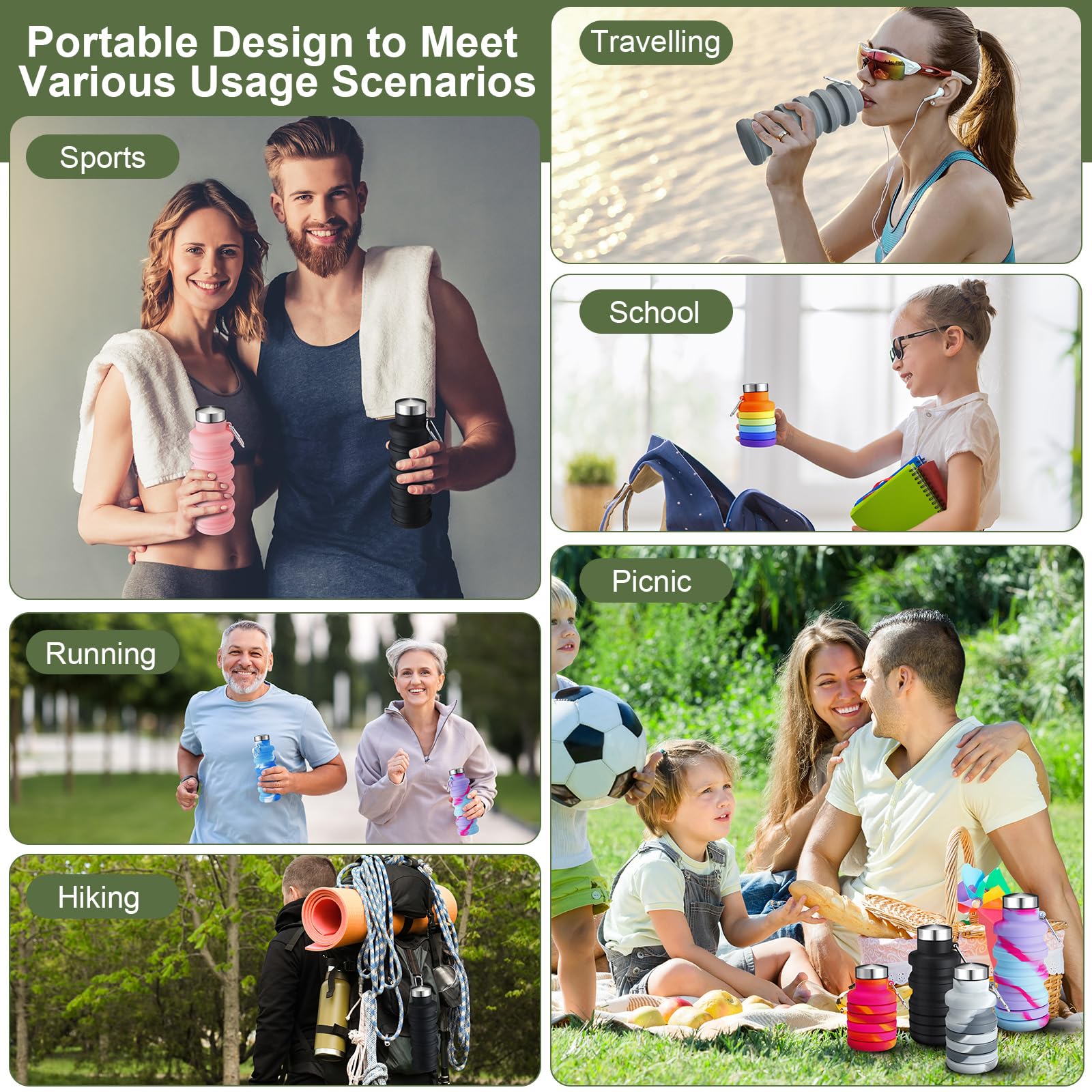 FillTouch Faltbare Wasserflaschen aus Silikon, wiederverwendbar, mit Karabiner, leicht, BPA-frei, erweiterbar, auslaufsicher, für Fitnessstudio, Reisen, Camping, Wandern, Outdoor, Indoor-Sport, 8