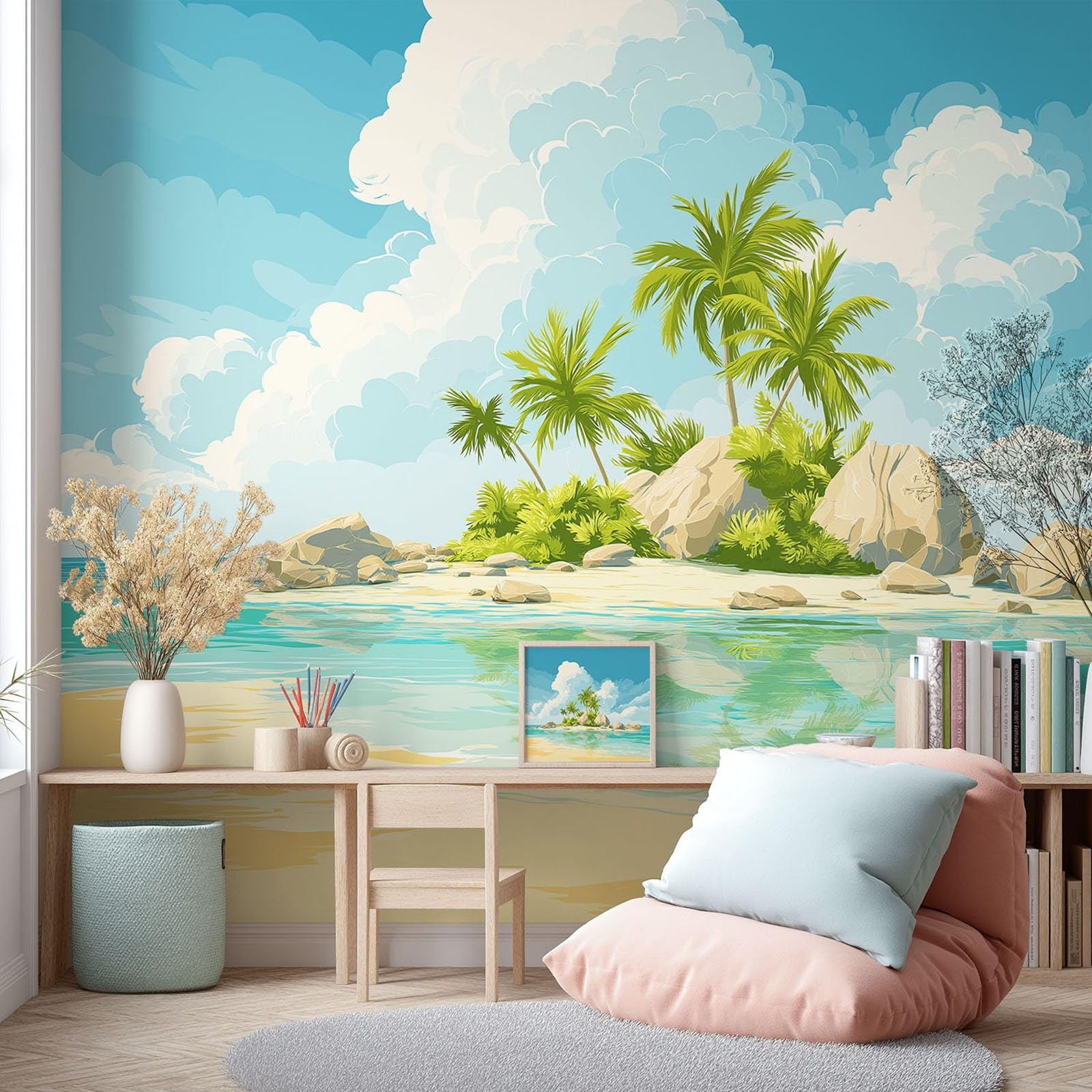 Générique Ciepła tapeta, krajobraz panoramiczna tapeta 300 x 210 cm do salonu dekoracja pokoju dziecięcego dekoracja ścienna do pokoju dziecięcego, wyspa, palma, morze