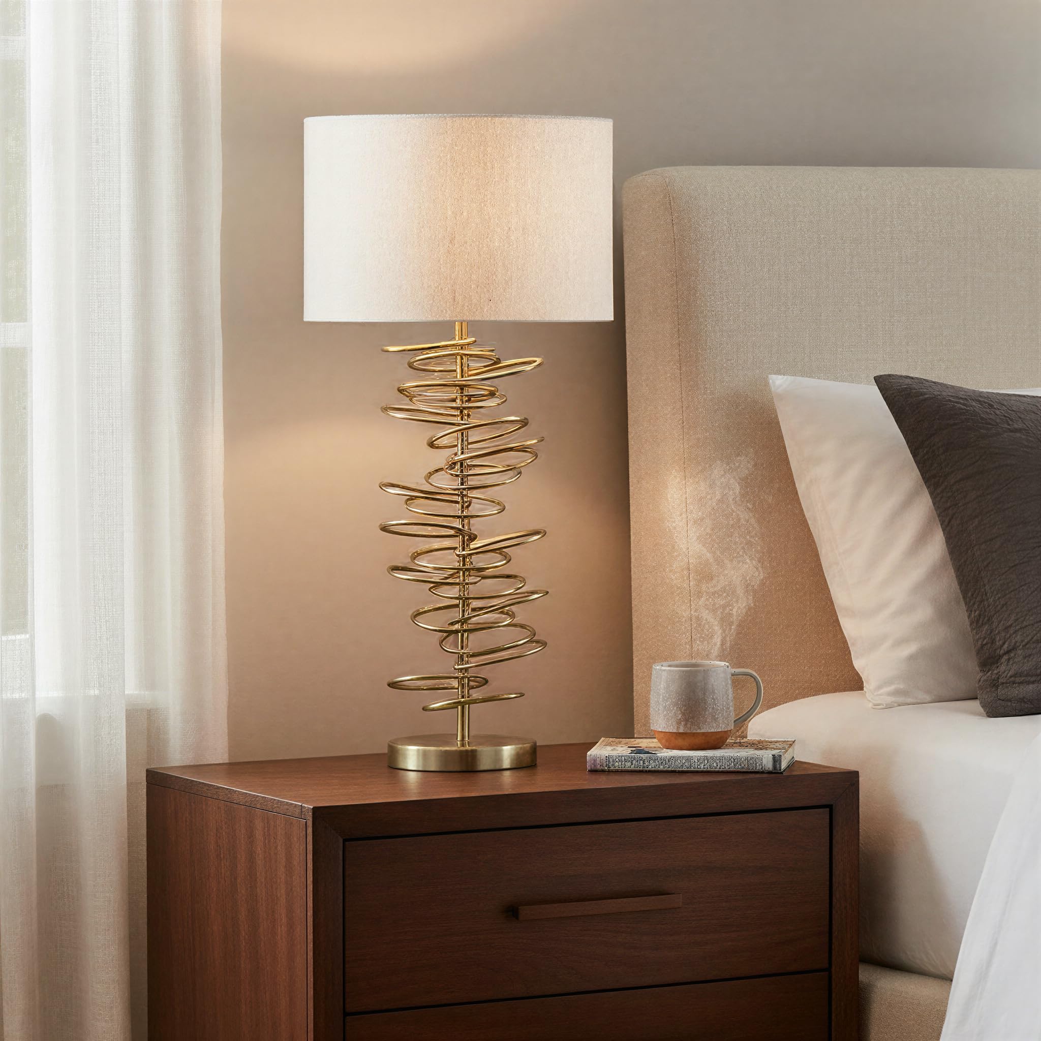 Creative Co-Op Round Metal Wire Circles Table Lamp with Linen Shade, Gold Finish and Natural