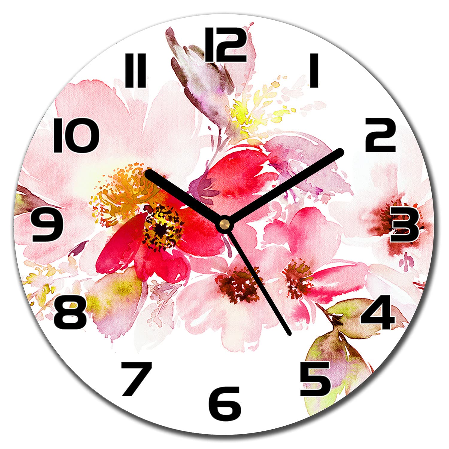 Horloge murale salon silencieuse en verre imprimé floral 30 cm