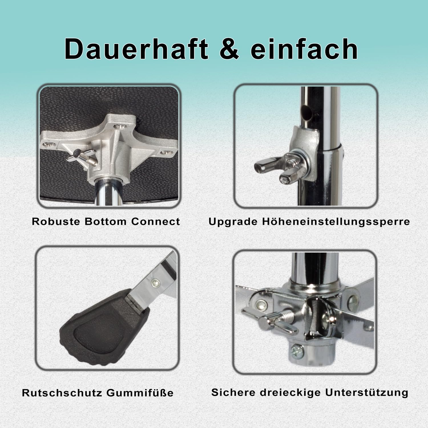 Drumhocker, höhenverstellbarer gepolsterter Schlagzeughocker, dick gepolsterter Sitz für Komfort, robuster Stahlfuß und rutschfesten Füßen