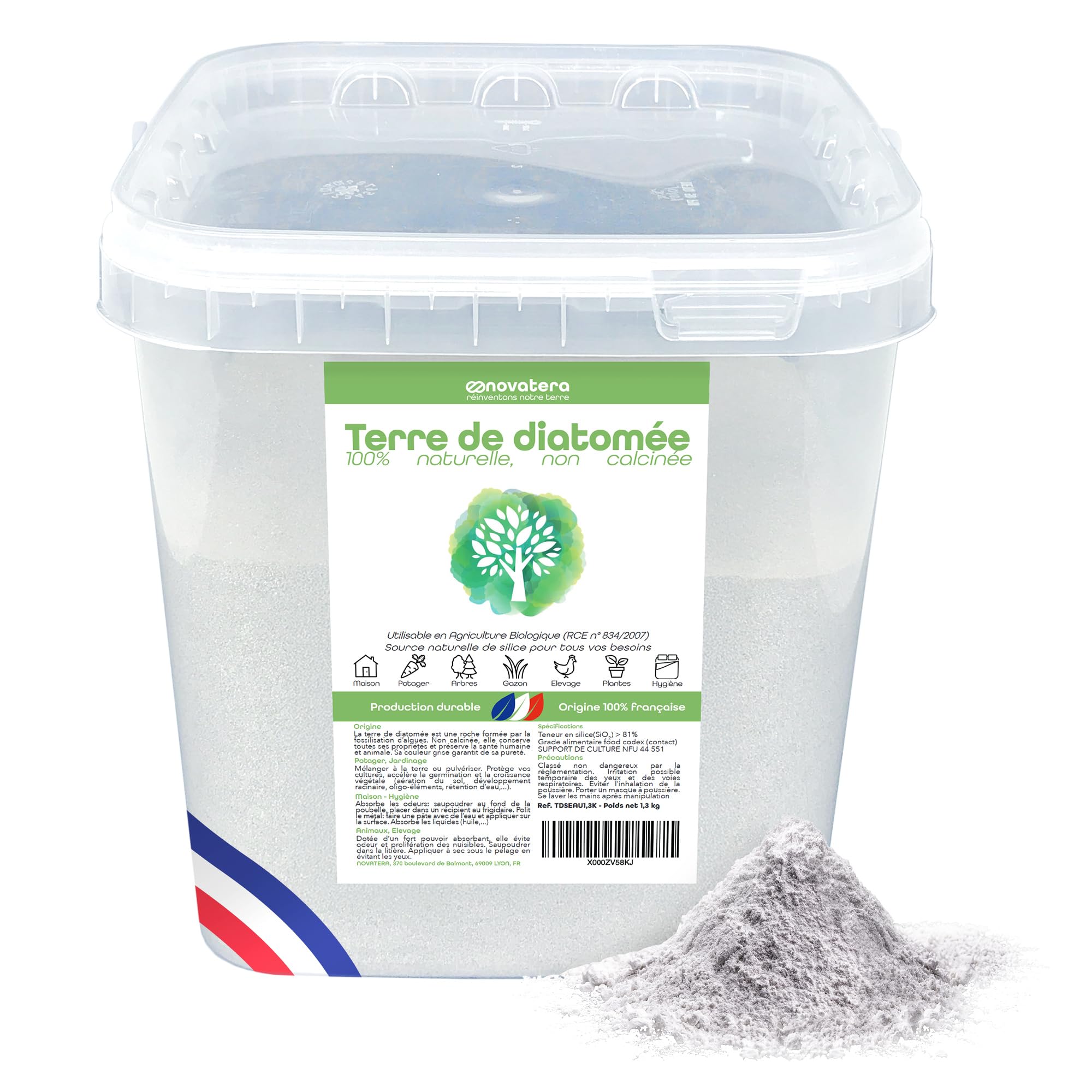 NOVATERA I Terre de Diatomée Naturelle I 100% extraite et conditionnée en France I Ultrapure Non Calcinée I Certifiée Agriculture Biologique I Entretien, Animaux, Agriculture... I Seau 1,3kg