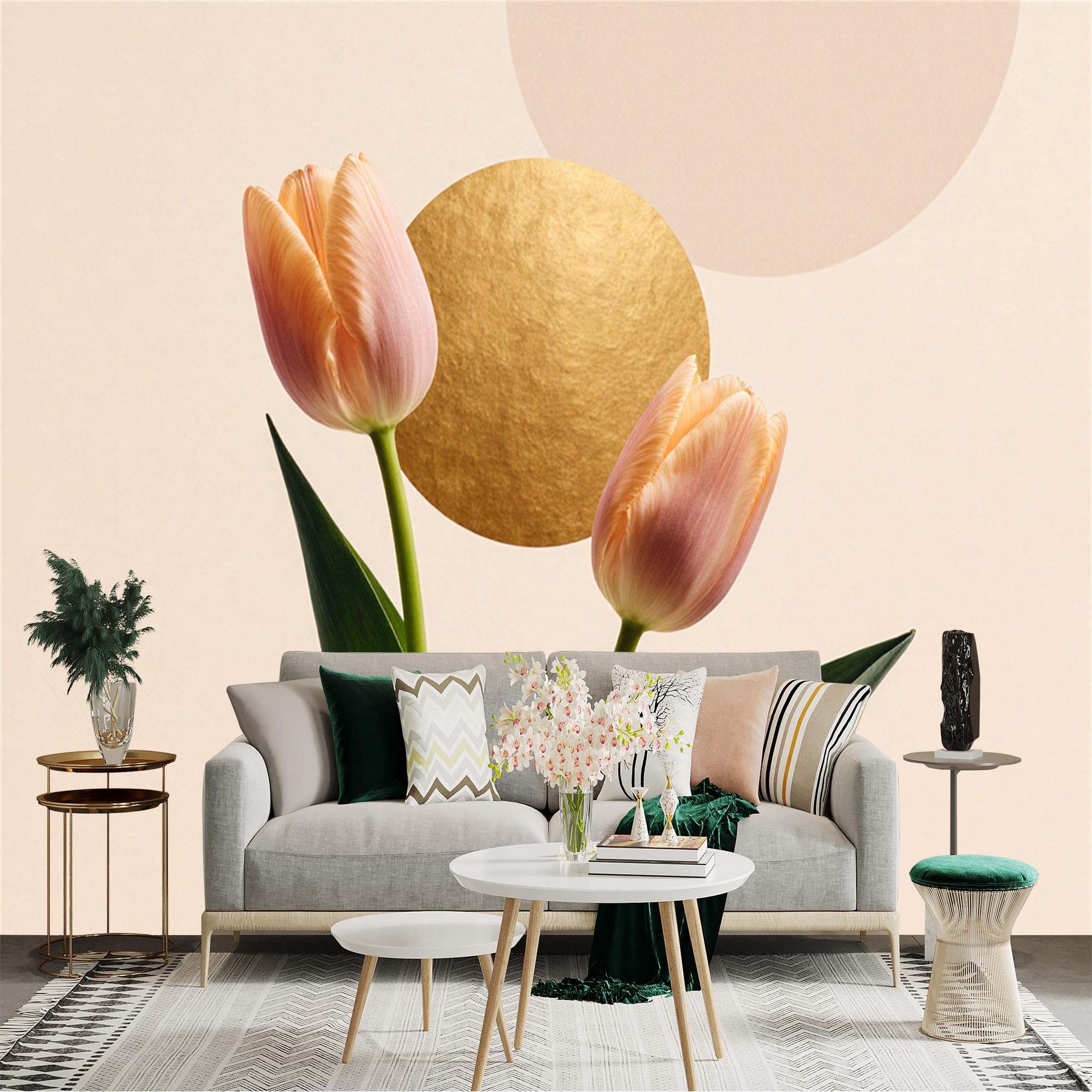 Custom Size Wall Sticker Mural， Soft Peach Tulips， Minimalist Gold Circle Art， Modern Floral Aesthetic， for wall Decoration， peelandstick wall Decals.