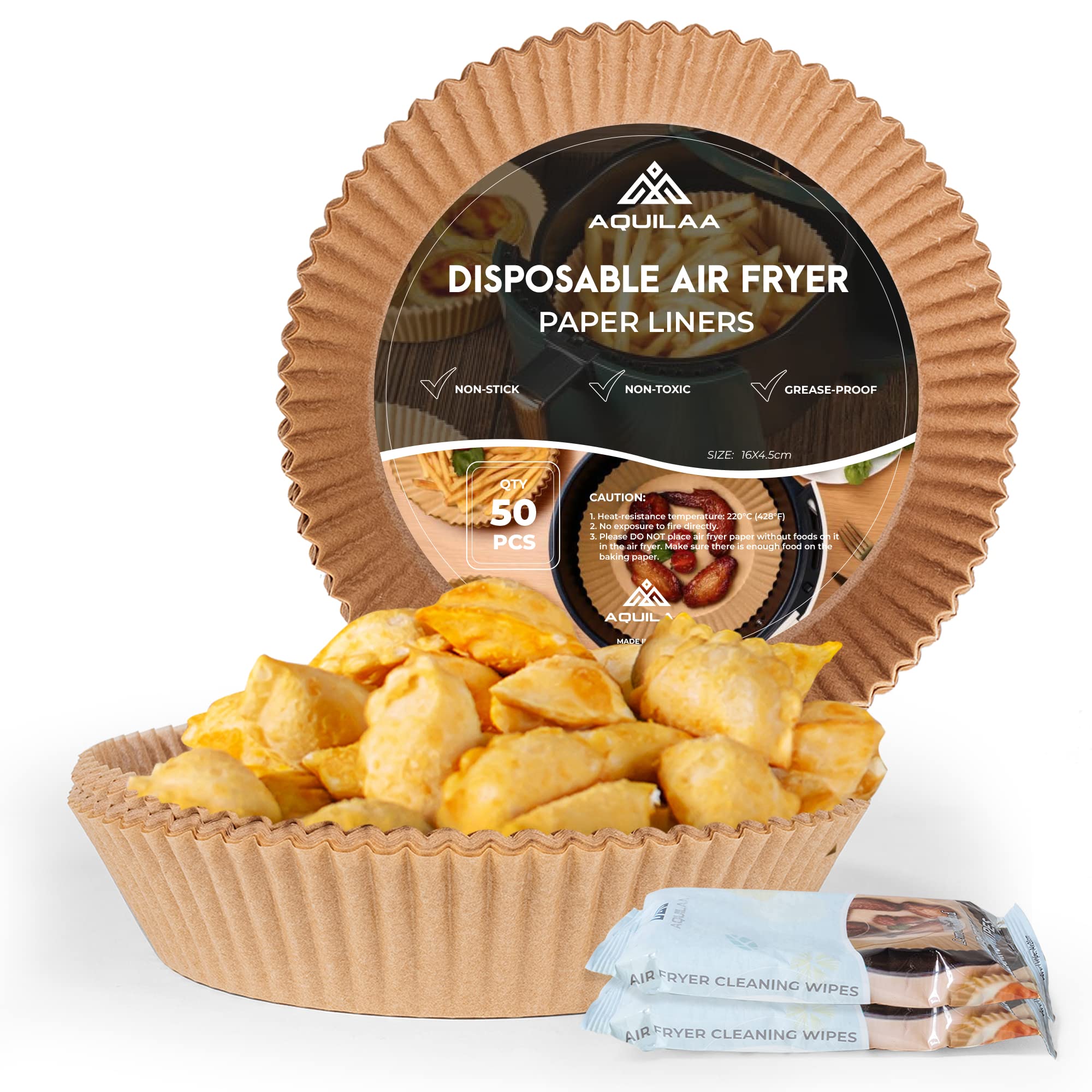 50 Large Air Fryer Liners Disposable 16x4.5cm & 15 Air Fryer Cleaning Wipes with Lemon Scent 14x20cm - Air Fryer Disposable Paper Liners Round