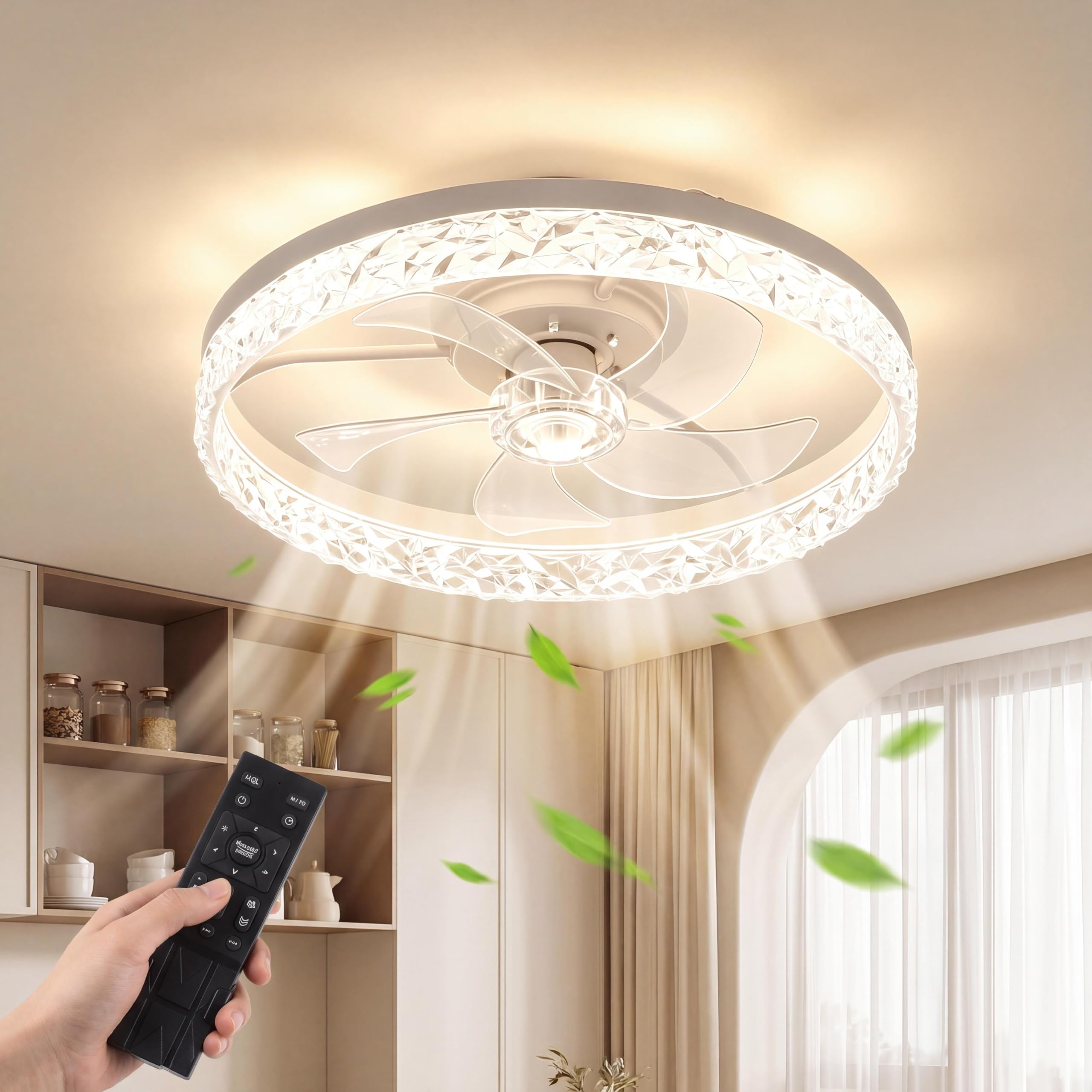 50CM Ceiling Fan with Lights, Remote Control & APP, 60W Smart Dimmable LED 3 COLOR Ceiling Fans Light, 6 Speeds & Timer Quiet Modern Fan Lamp for Living Room,Bedroom,Kitchen (White,Crystal 50CM)