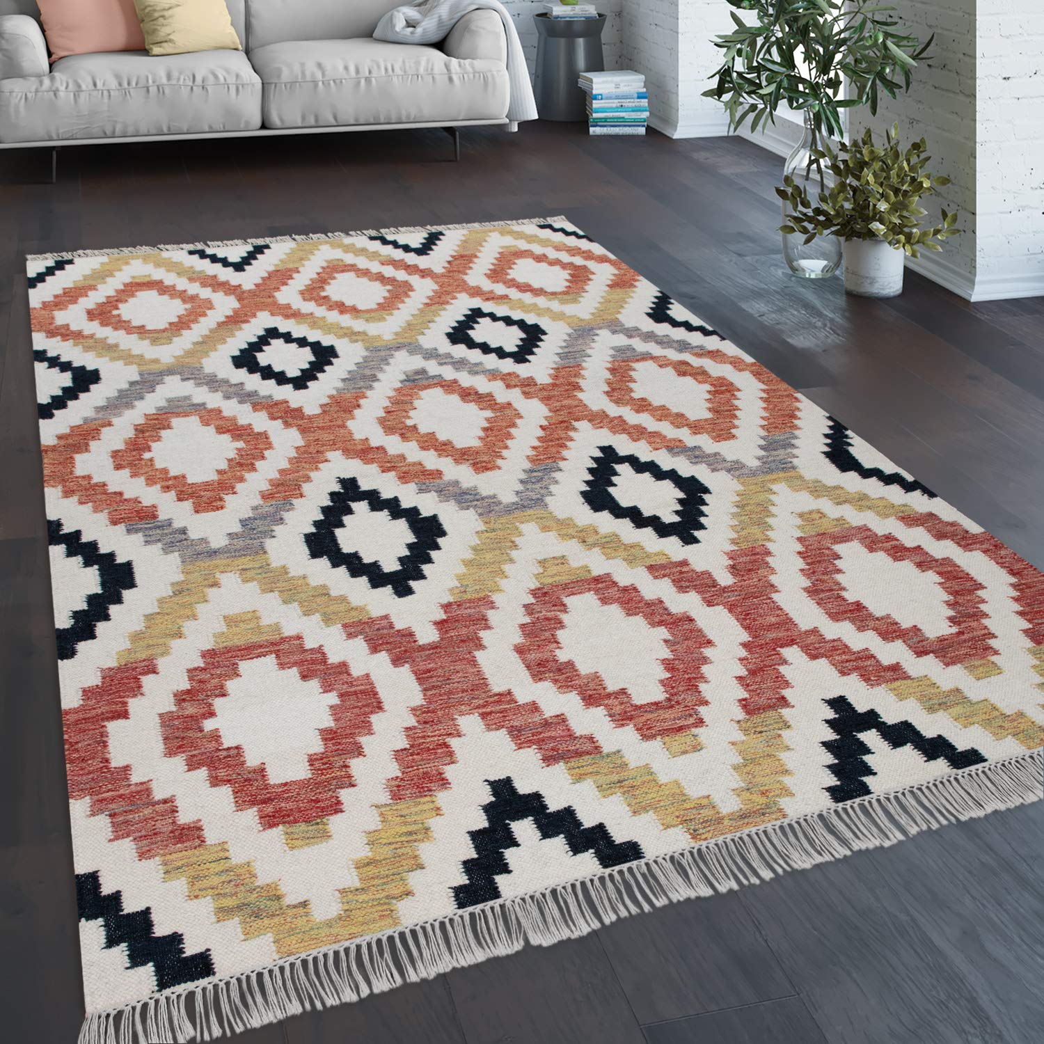 Paco Home Alfombra Salón Bohemia Flecos Tejida A Mano Mezcla Lana Algodón Multicolor, tamaño:80x150 cm