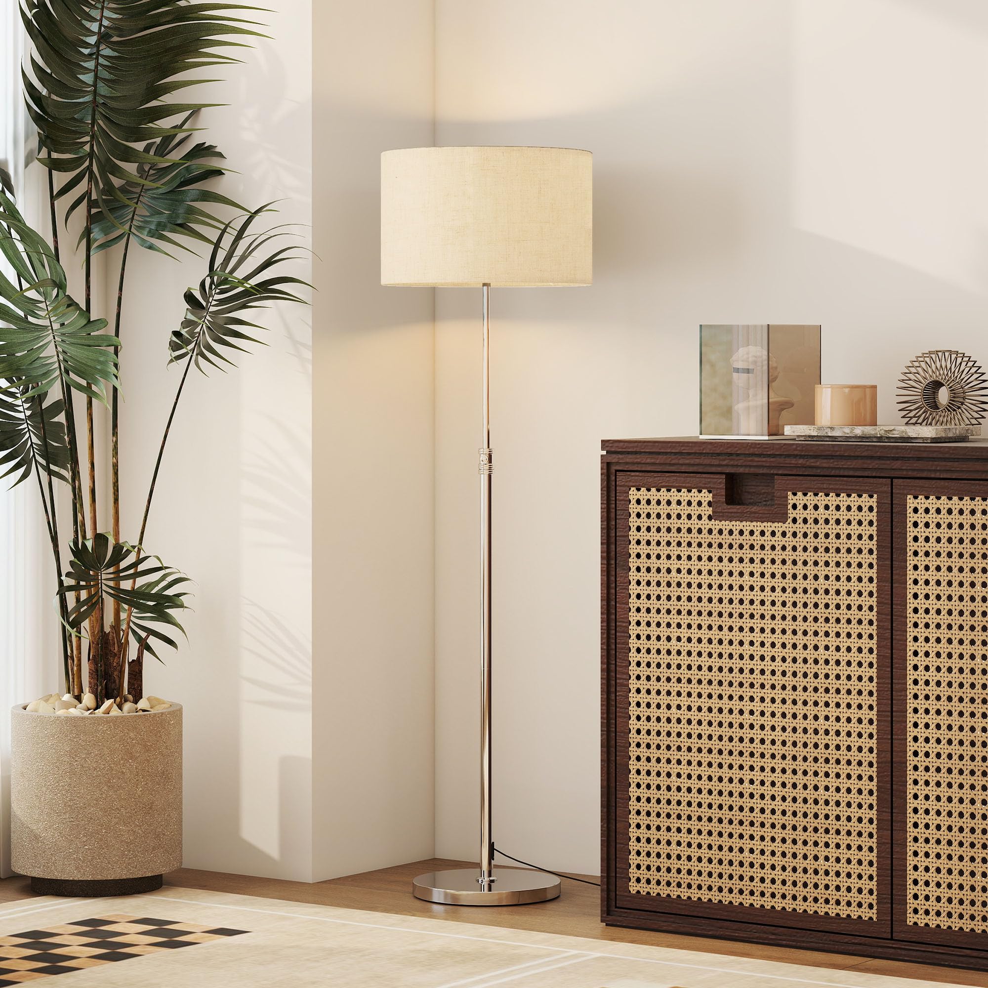 HOMCOM Stehlampe Dimmbar mit Leinenschirm E27 Höhenverstellbar Beige | Szenenmodis, Stehleuchte mit Timer, 3 Farbtemperaturen, Fußschalter, 2,4G Fernbedienung, Standleuchte für Schlafzimmer