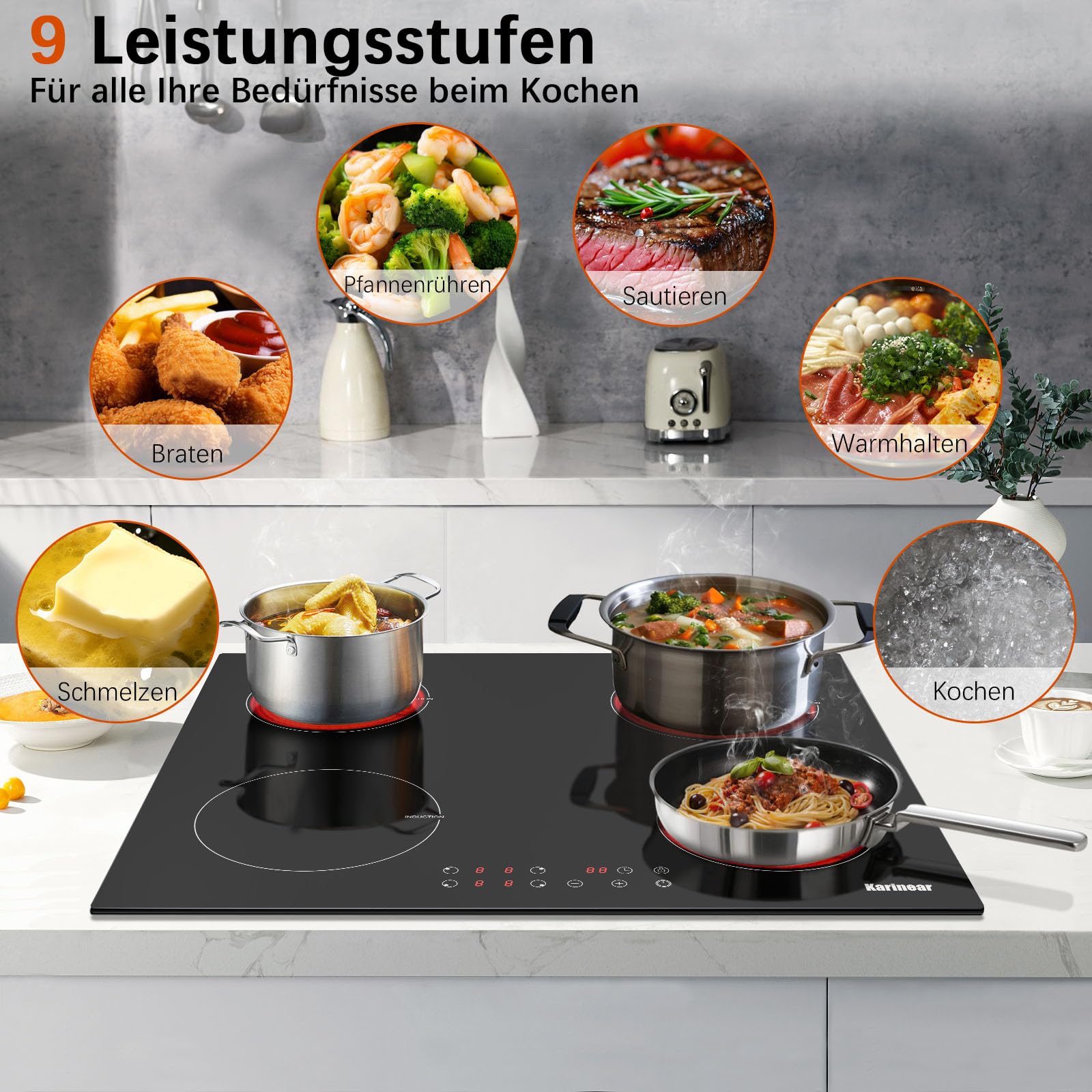 Karinear Einbau-Küchenset, 60 cm Induktionskochfeld 4 Platten 3500W & 60L Backofen Umluft 2200W, Touch/Drehknopf, Kindersicherung, Timer, Energieklasse A, 220-240V mit Stecker