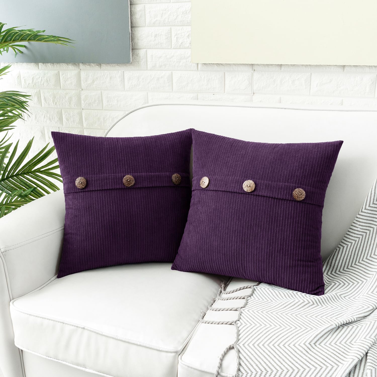 HWY 50 Purple Chenille Cushion Covers 45cm x 45cm (18"x18") with Triple Buttons, Set of 2 - Image 2