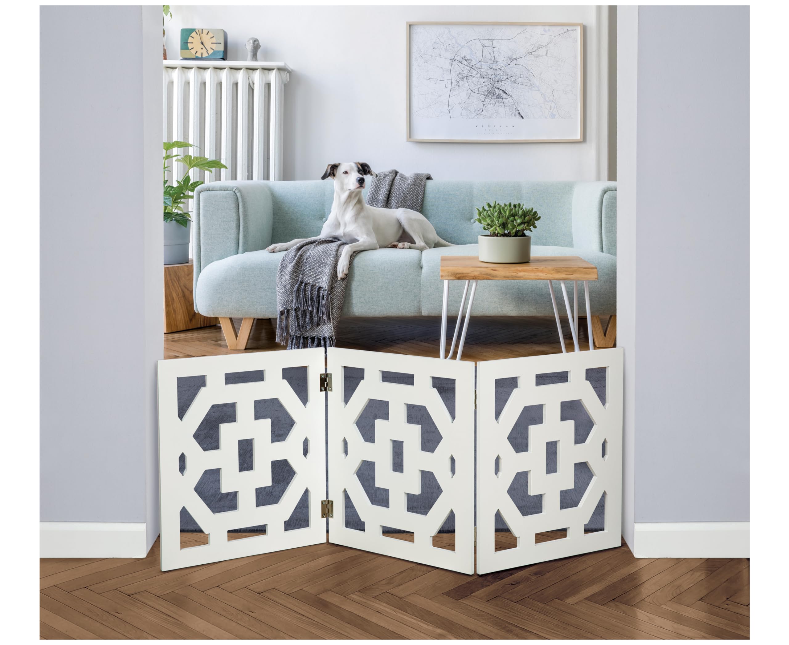 47.5" Indoor/Outdoor Free Standing Adjustable Solid Wood 3 Panel Art Deco Style Pet Gate - White