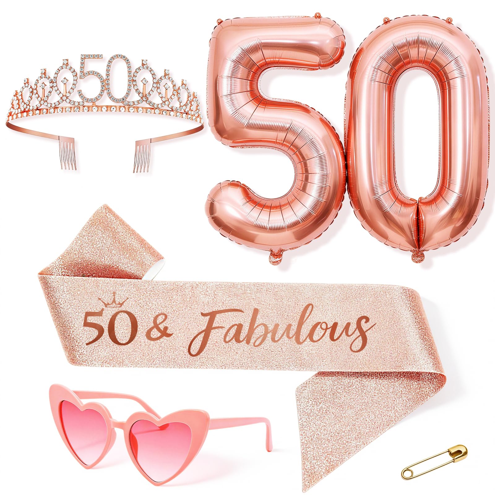 Anruzon Geburtstag Frau Deko, Geburtstag Krone und Schärpe, Rosa herzförmige Brille, Luftballons Rosegold, Geschenke für Frauen, Geburtstagsparty Deko Supplies