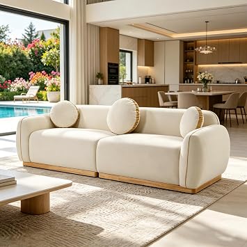 91 Inch Large Modern Chenille Sofa Couch, Luxury Comfy 3 Seater Fabric Upholstered Sofa, Sturdy Solid Wood Frame, Living Room Furniture, Easy Assembly.Beige