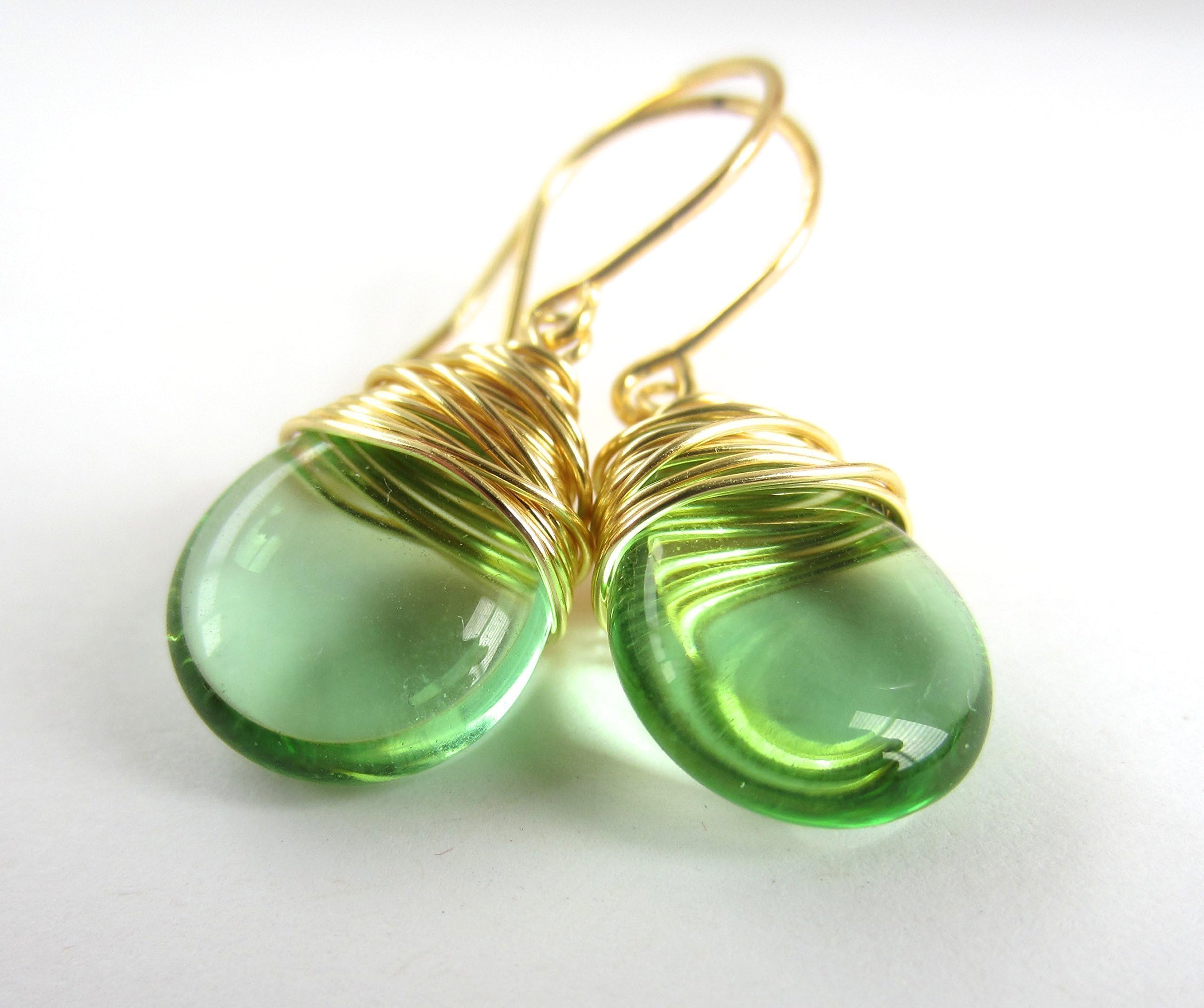 Light Green Earrings Wire Wrapped Drop Earrings Gold Tone Wire