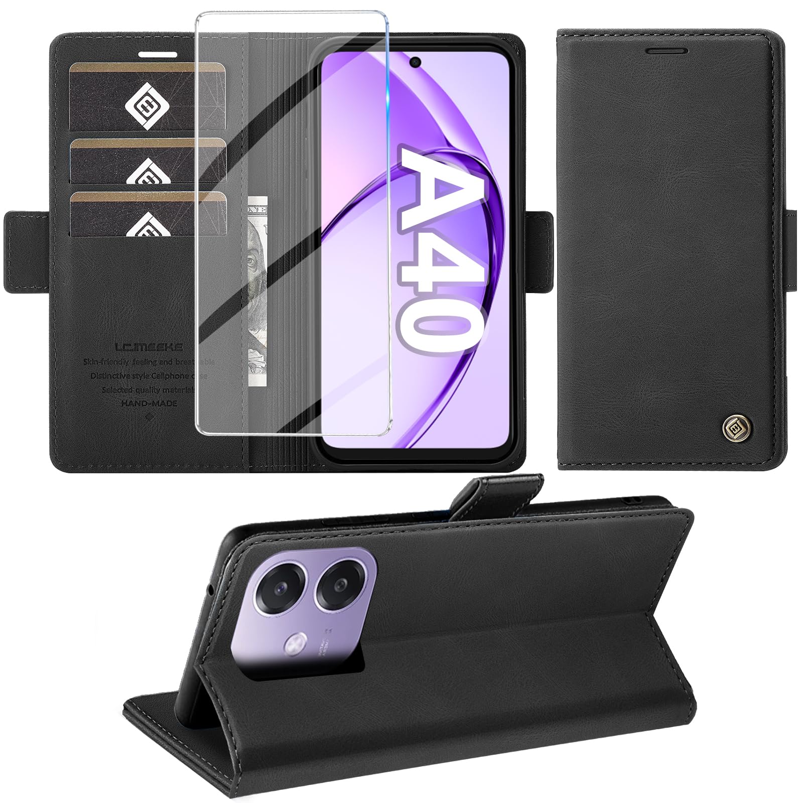 Custodia Portafoglio In Pelle Per Oppo A60 Con Vetro Temperato | Cover Flip Con Supporto E Slot Carte Nero