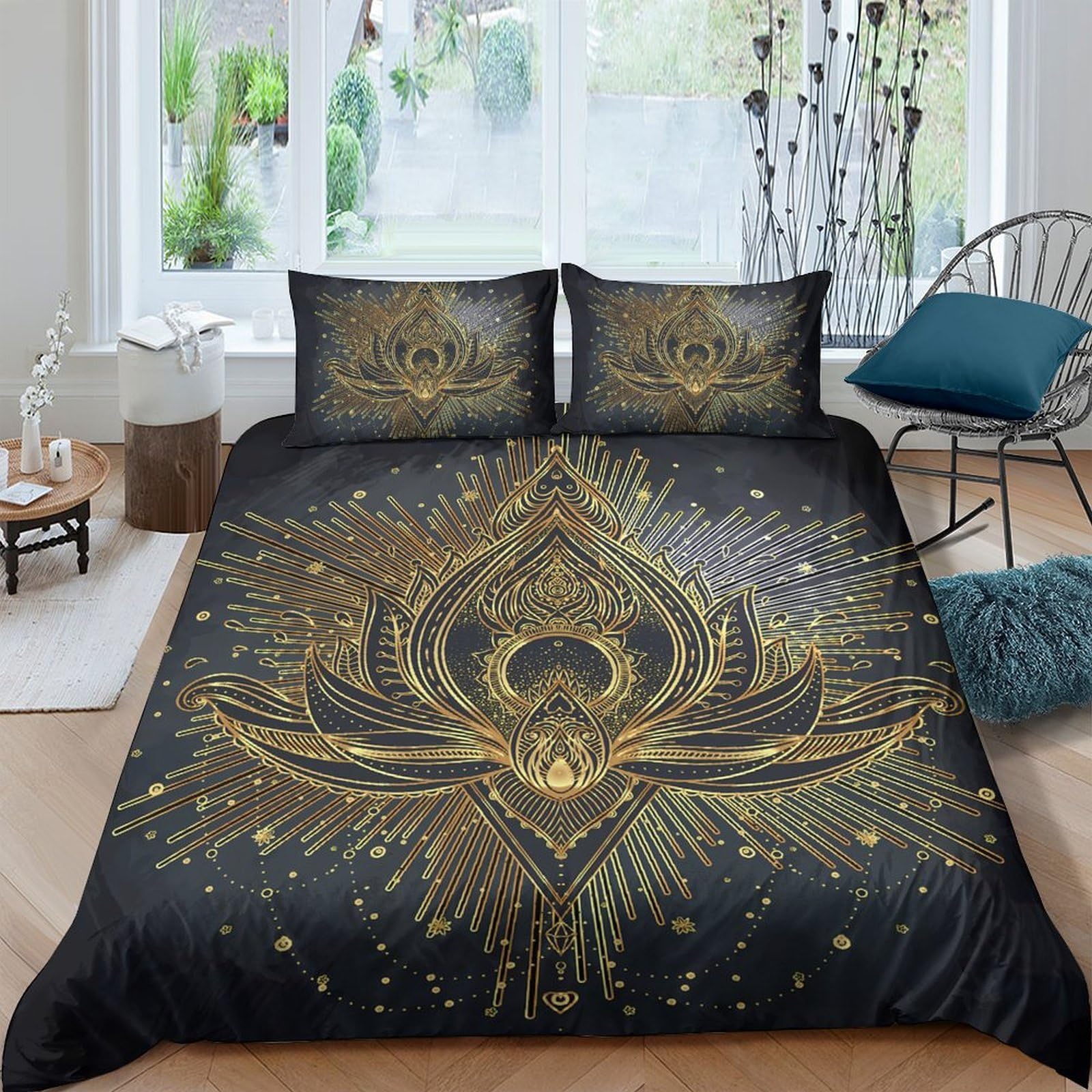 Ctjqhvkz Style-2 3D Printed Golden Mandala Fitted Sheet Microfiber Soft Black Lotus Bed Cover For Bedroom Guest Room Mattress Protection Decor Single（135X200cm）