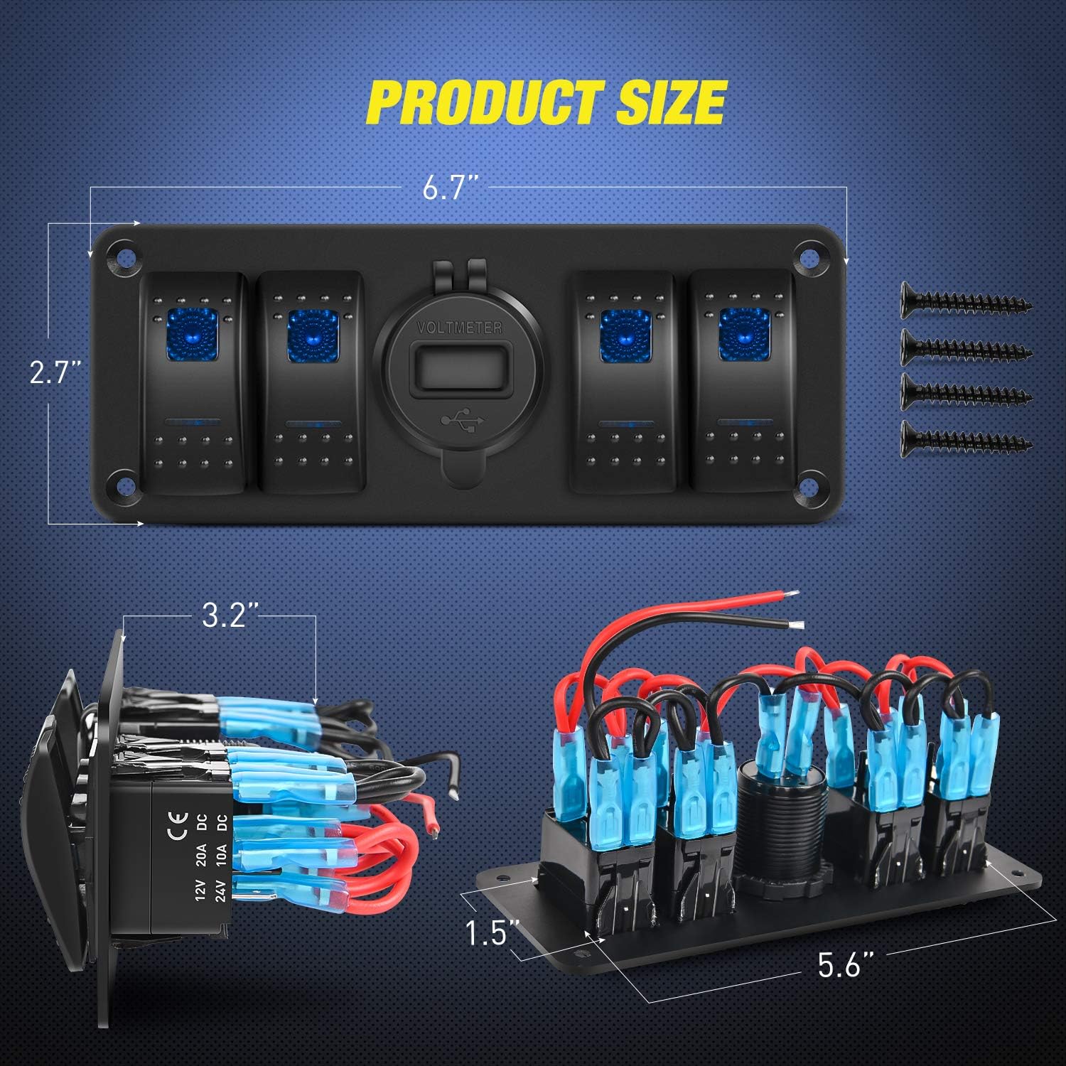 Nilight 4 Gang Rocker Switch Panel with USB Charger Voltmeter Waterproof 12V-24V DC Rocker Switch with QC3.0 Dual USB Charger and Night Glow Stickers for Cars Trucks Boats RV,2 Years Warranty