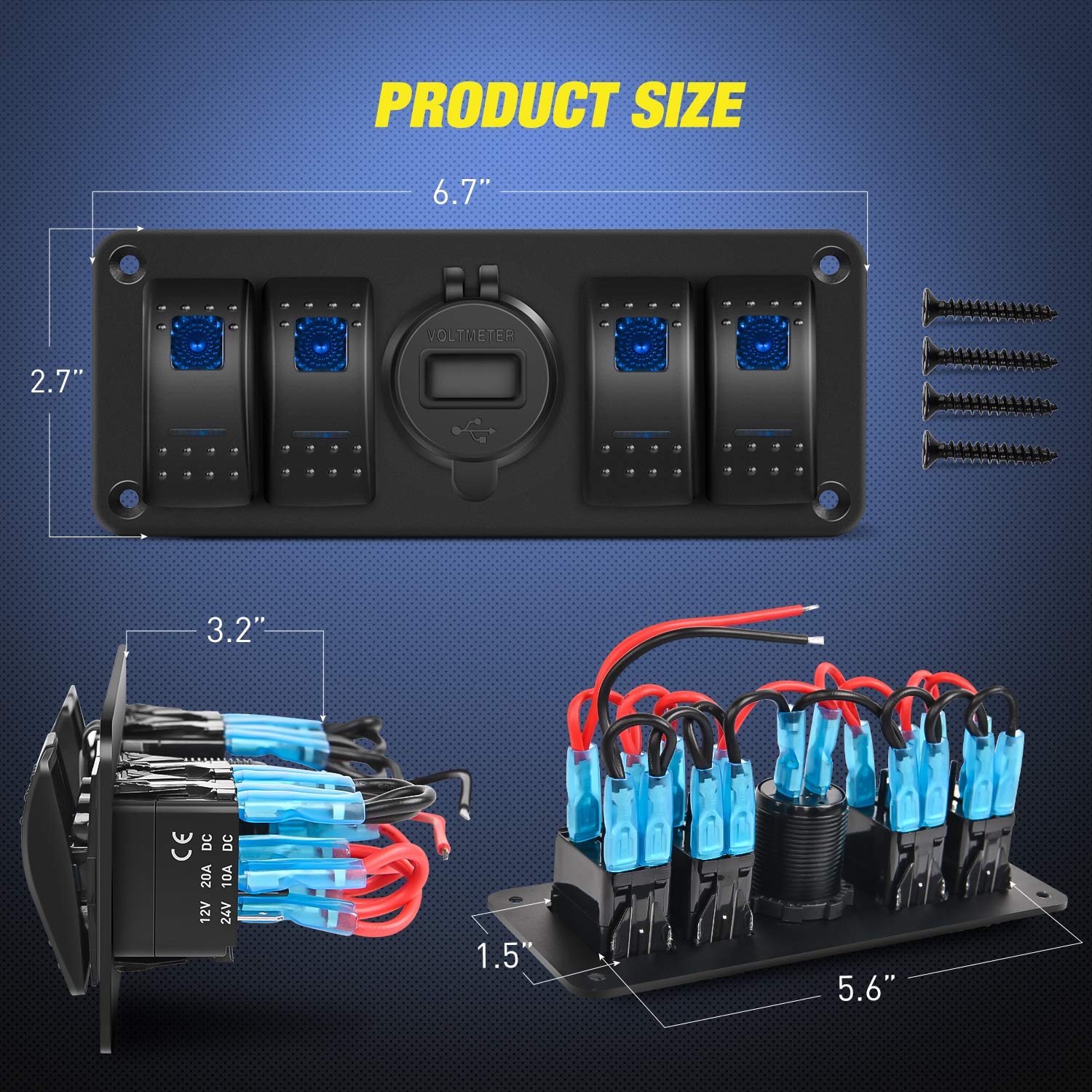 Nilight 4 Gang Rocker Switch Panel with QC3.0 Dual USB Charger Voltmeter Waterproof and Night Glow Stickers 12V-24V DC for Cars Trucks Boats RV