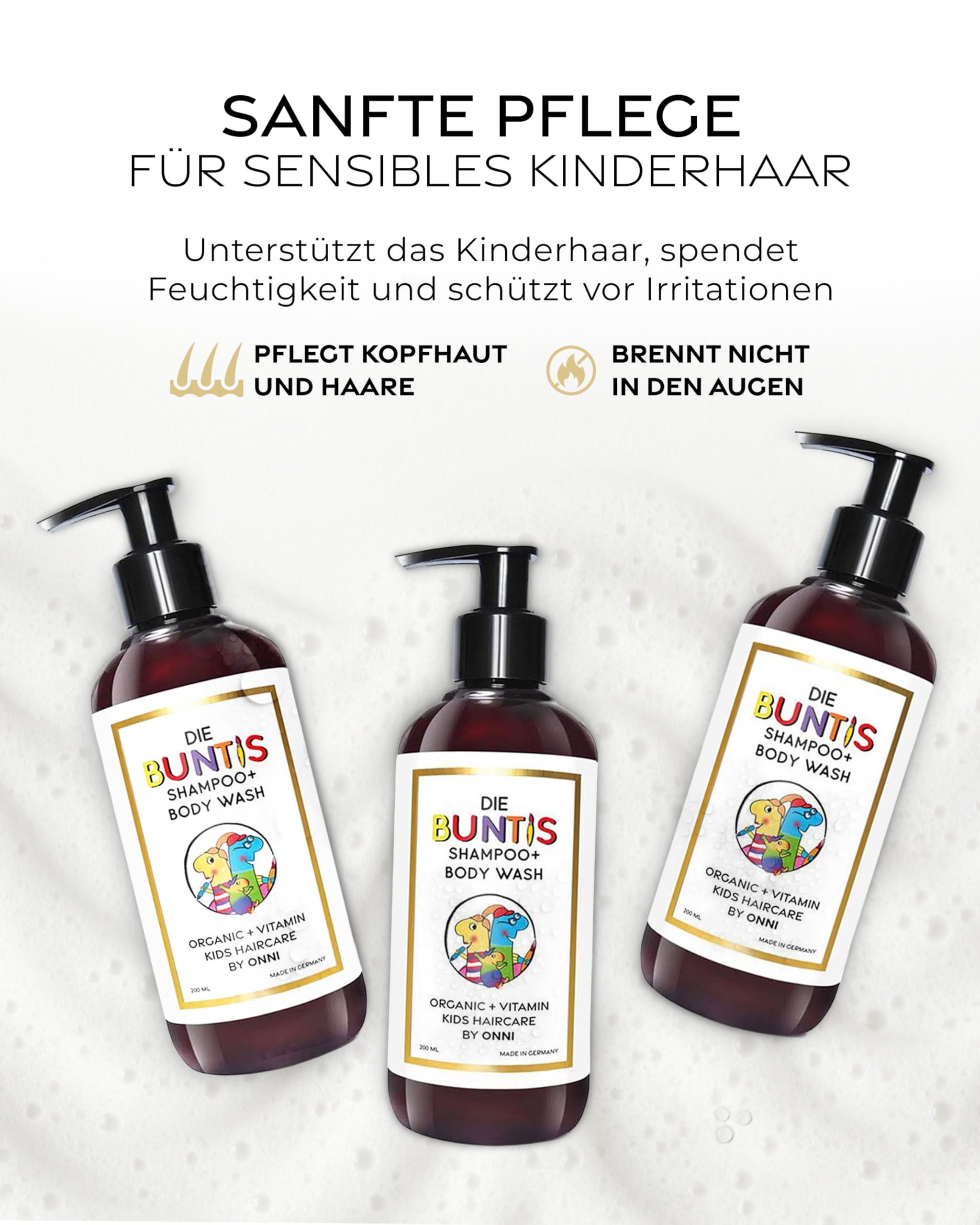 ONNI – Kindershampoo 2-in-1 Formel Kids Shampoo & Body Wash 200ml – Kinder Vitamin Shampoo sanfte Haarpflege für empfindliche Kopfhaut – Ohne Augenbrennen – vegan, ohne Sulfate, Silikone & Parabene