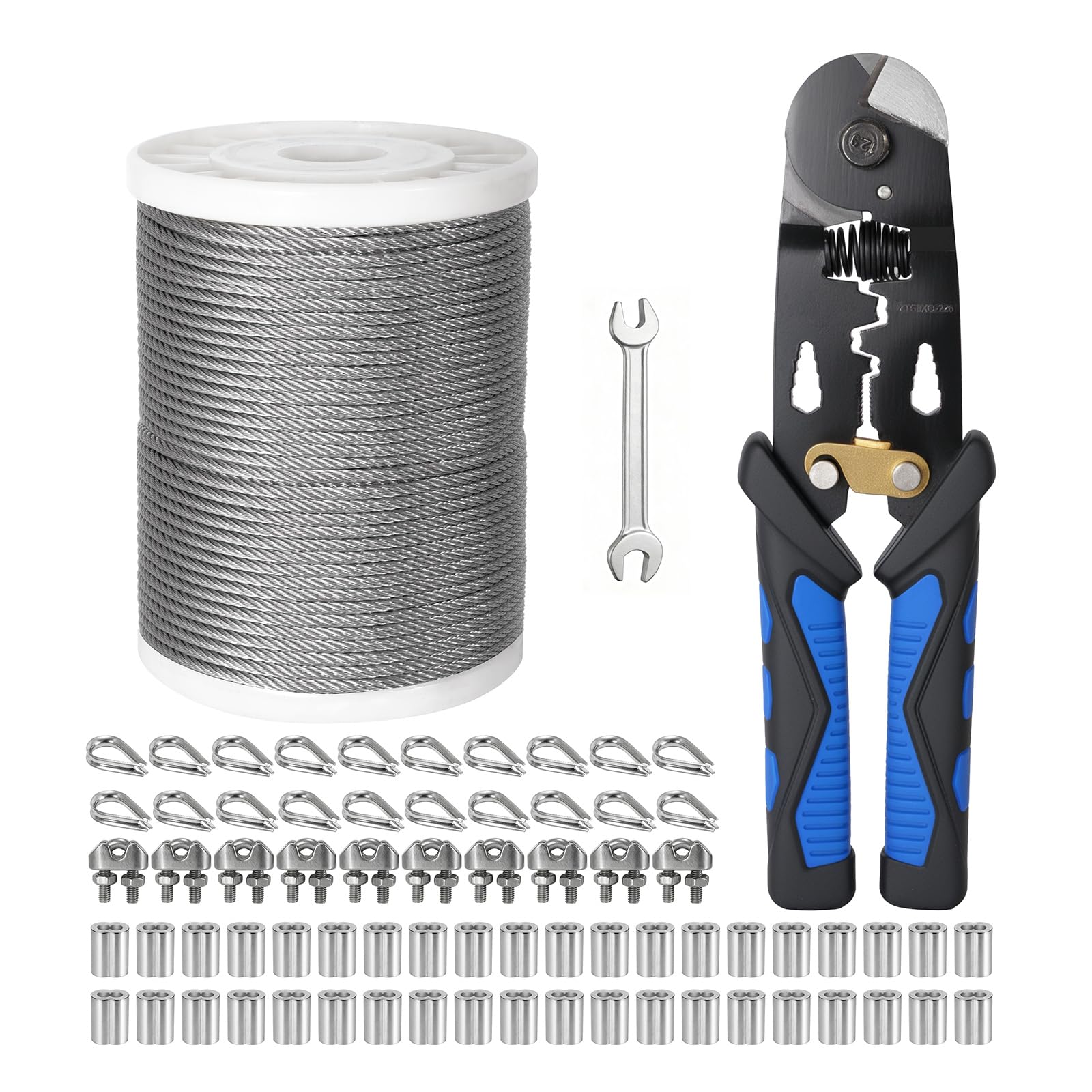 1/8 Inch Stainless Steel Cable 200FT,- 7x7 Strand Aircraft Wire Rope,with Loop Sleeve and Steel Thimble,Wire Clamp Clip,Outdoor Hanging kit, Garden