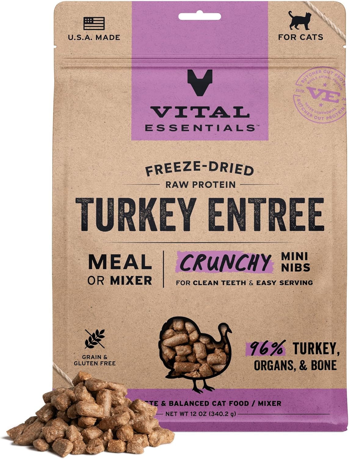 Vital Essentials Freeze Dried Cat Food, Raw Turkey Crunchy Mini Nibs | Complete Meal or Topper | 96% Turkey, Organs & Bone | Limited Ingredient, High Protein, Grain Free Dry Cat Food | 12 oz Bag
