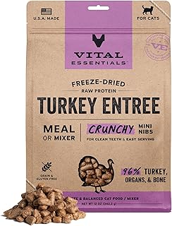 Vital Essentials Freeze Dried Cat Food, Raw Turkey Crunchy Mini Nibs | Complete Meal or Topper | 96% Turkey, Organs & Bone | Limited Ingredient, High Protein, Grain Free Dry Cat Food | 12 oz Bag