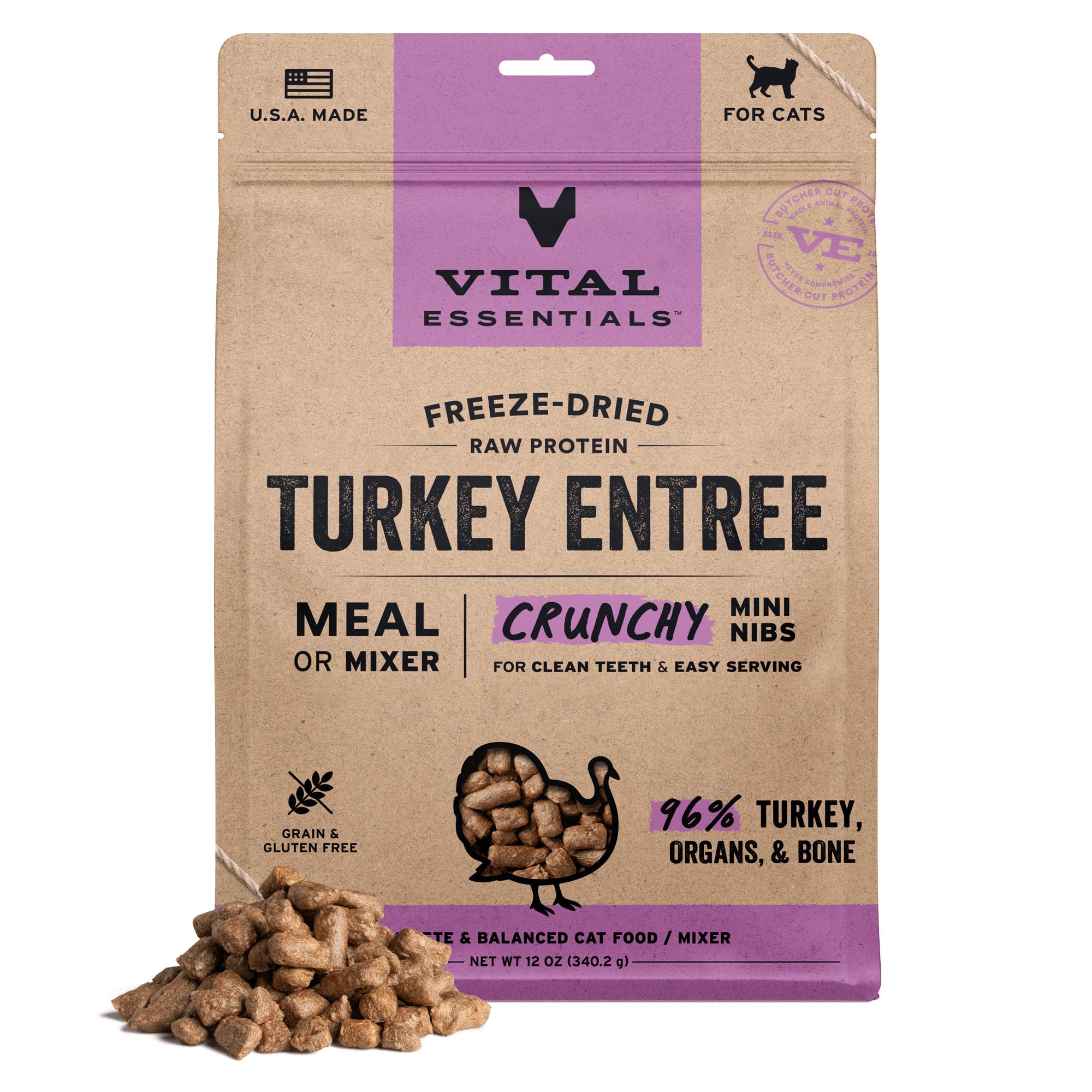 Freeze Dried Cat Food, Raw Turkey Crunchy Nibs | Complete Meal or Mixer | High Protein, Low Carb, Grain Free, Dry Cat Food | 12 oz