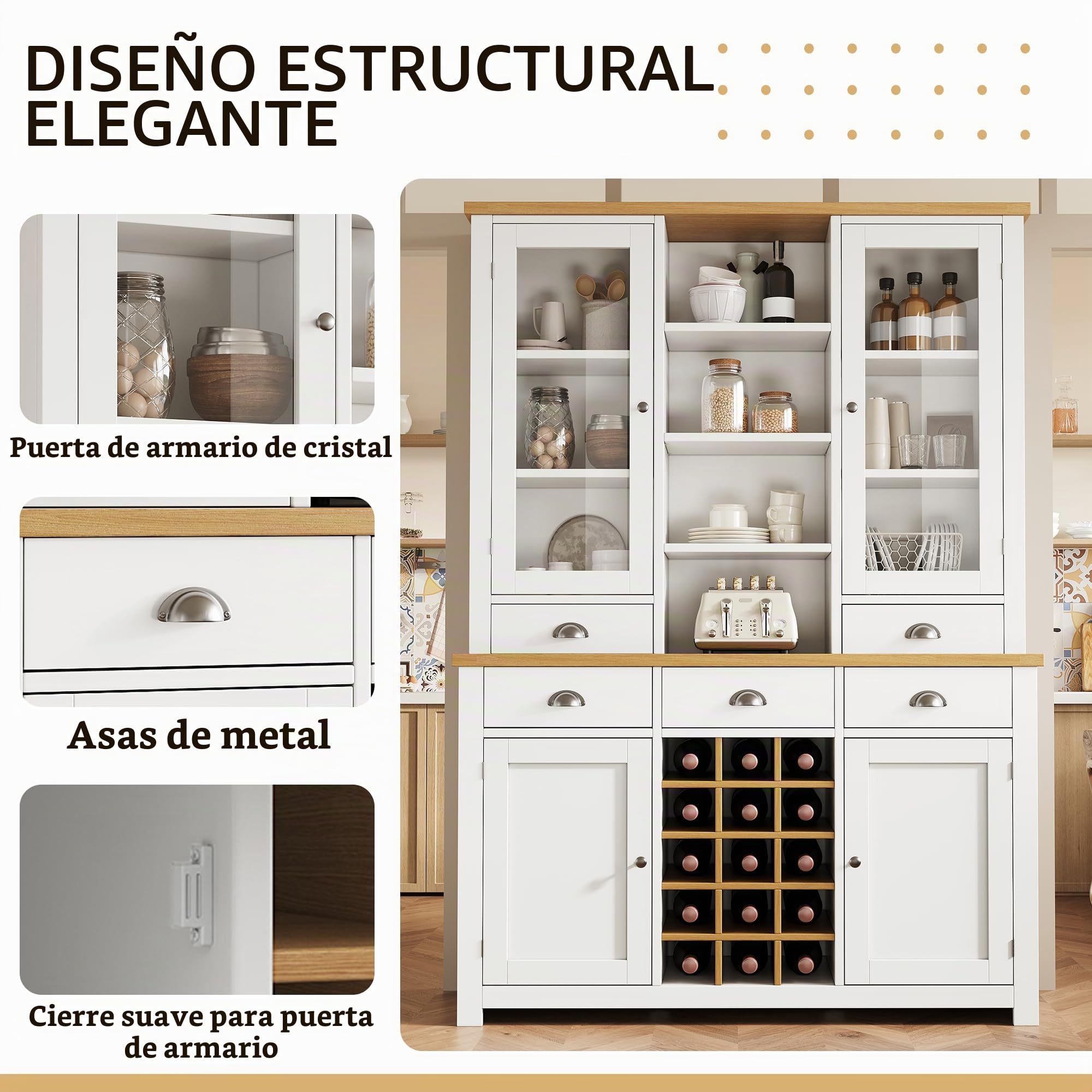 Alacena de Cocina Versátil con Botellero Desmontable y Dispositivo Antivuelco, Armario Cocina con 5 Cajones y 4 Puertas, Aparador Cocina con Estantes Abiertos, 120x40x185 cm, Blanco