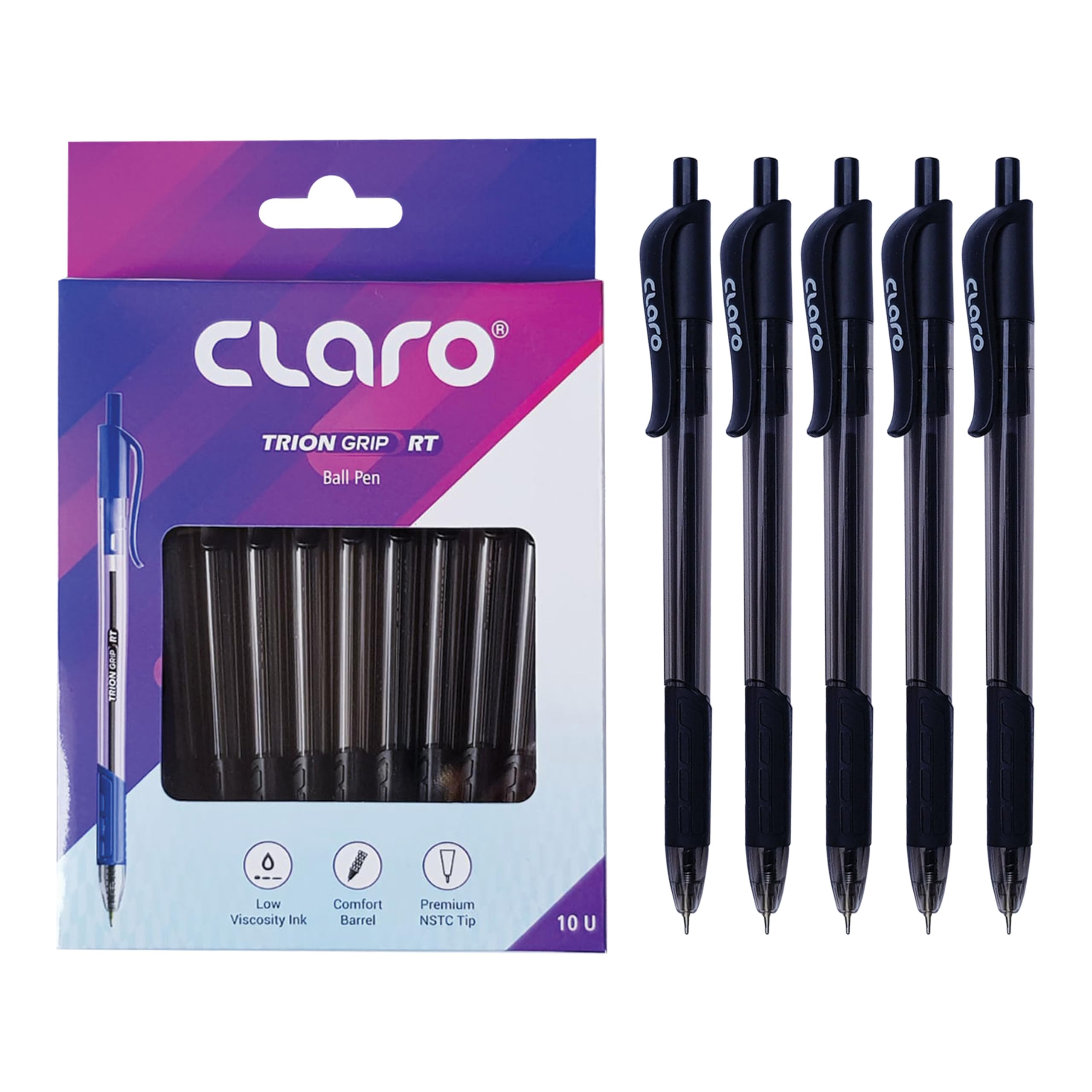 CLARO Trion Grip RT Retractable Ballpoint Pens, BLACK, Fine Point (0.7mm), Pack of 10, Smooth Ball Pens, Perfect for School Office Home Everyday Use