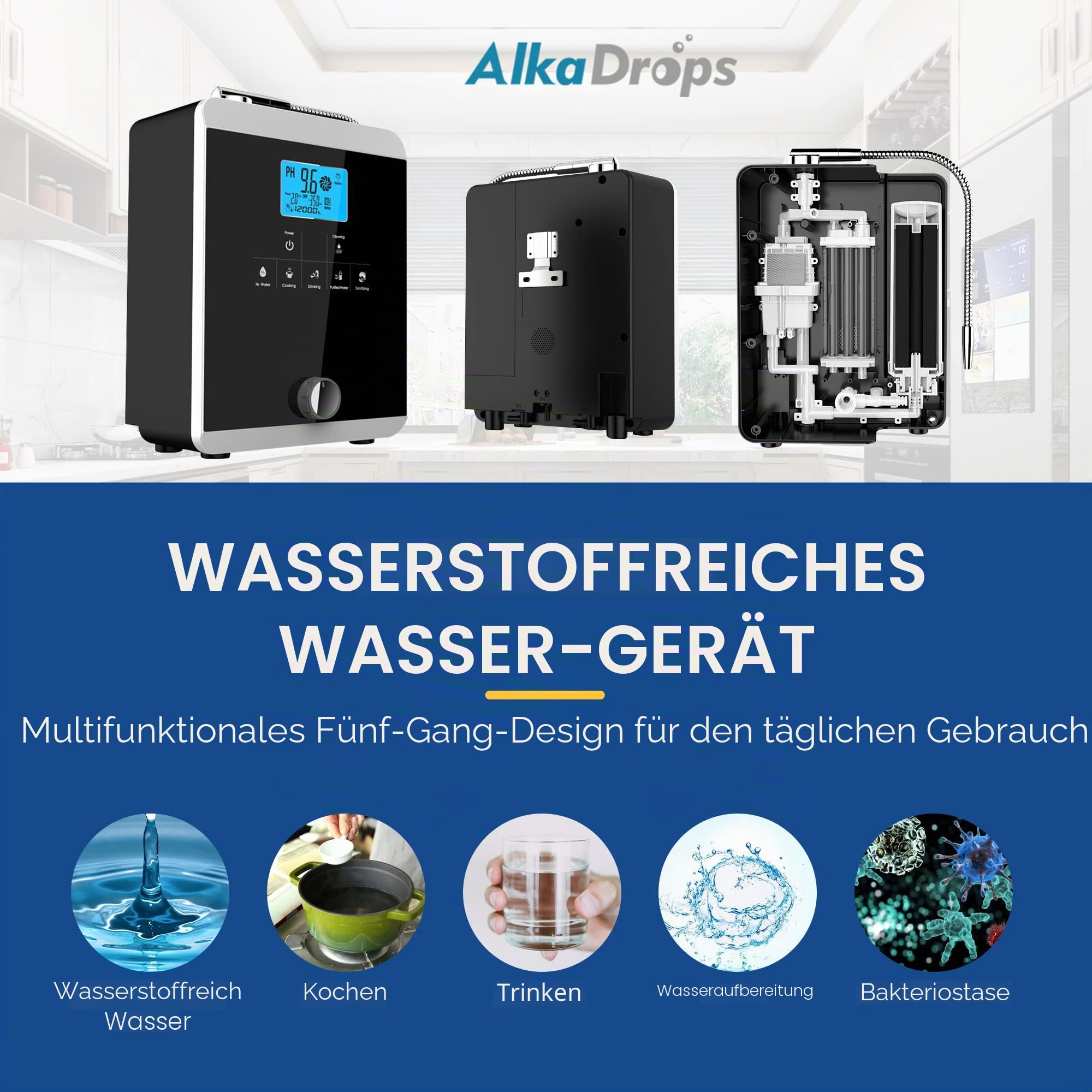 Wasserionisierer und Wasseraufbereiter, pH 3–11 Alkaline Säure Wassermaschine, bis zu -800 mV ORP, 8000 Liter pro Filter, Regelventil zur Kontrolle von pH und ORP,Auto-Reinigung Weiß/Schwarz