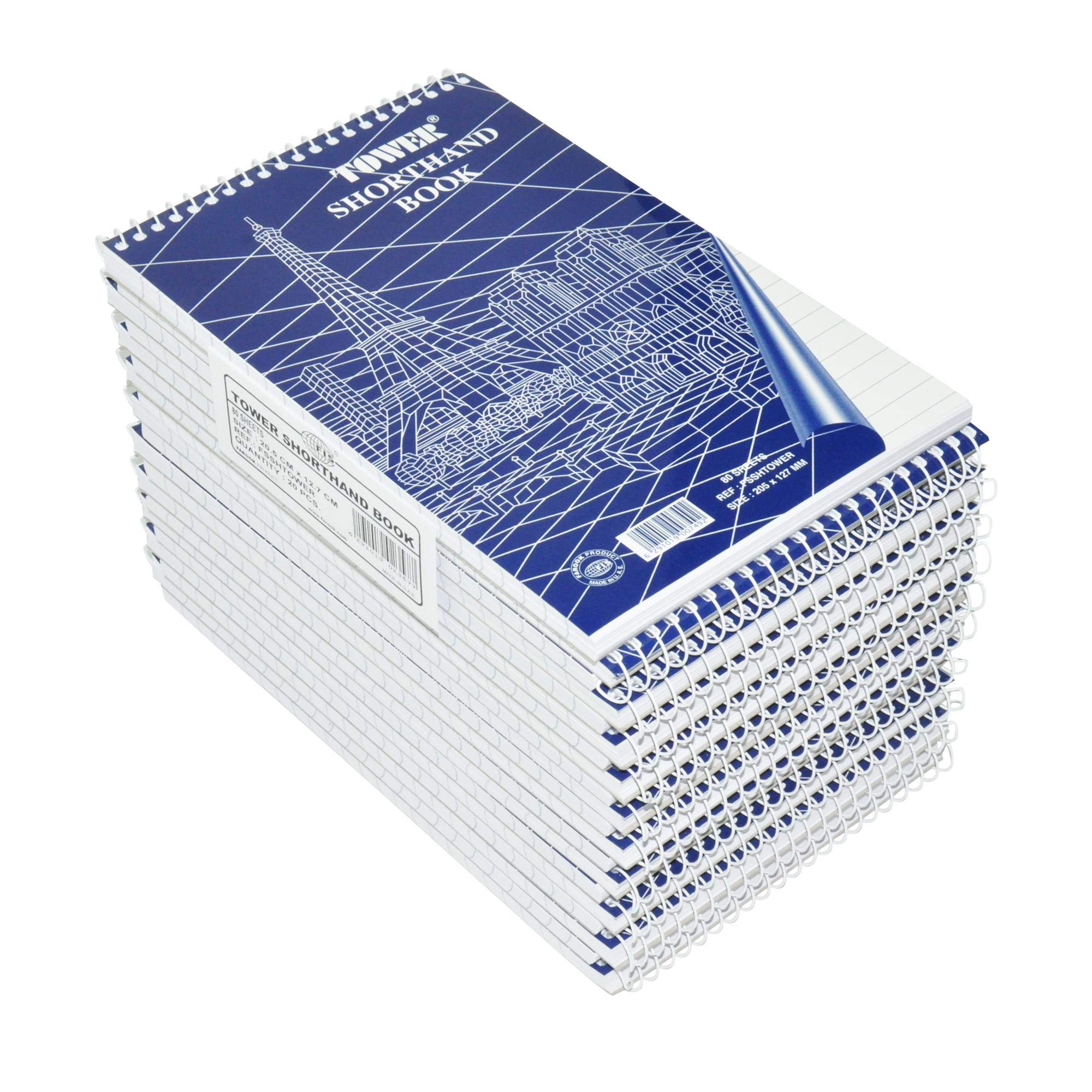 FISTower Shorthand Book, Top Spiral Binding, Size 205x127mm, 80 Sheets Per Pad, 8mm Single Line Ruling, Packet of 20 Pieces Pad-FSSHTOWER