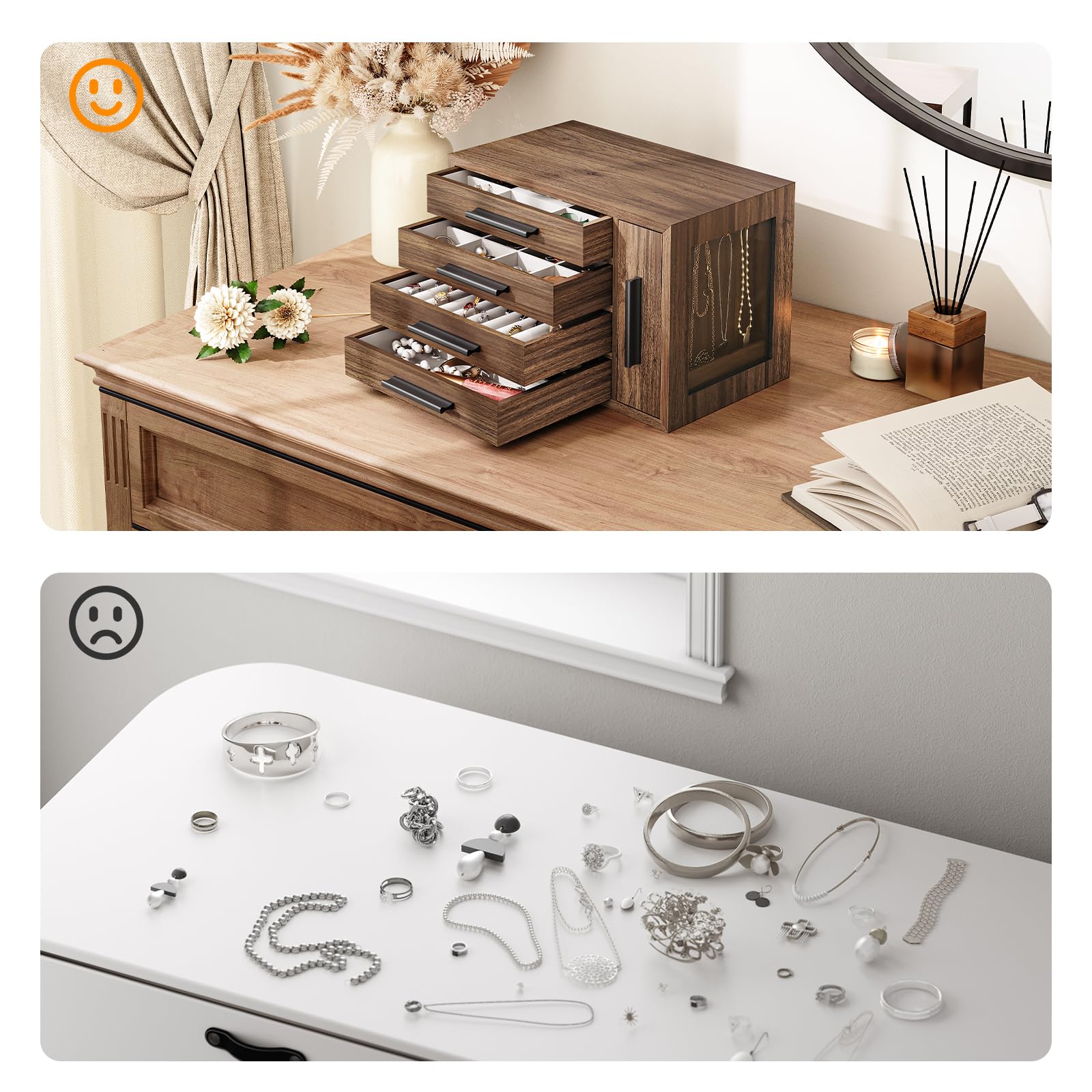 HOOBRO Caja Joyero, Organizador de Joyas de 4 Niveles de Madera con Ventana Transparente, Caja de Joyas para Pendientes, Collares, Anillos, Nogal y Negro EBH09JB04