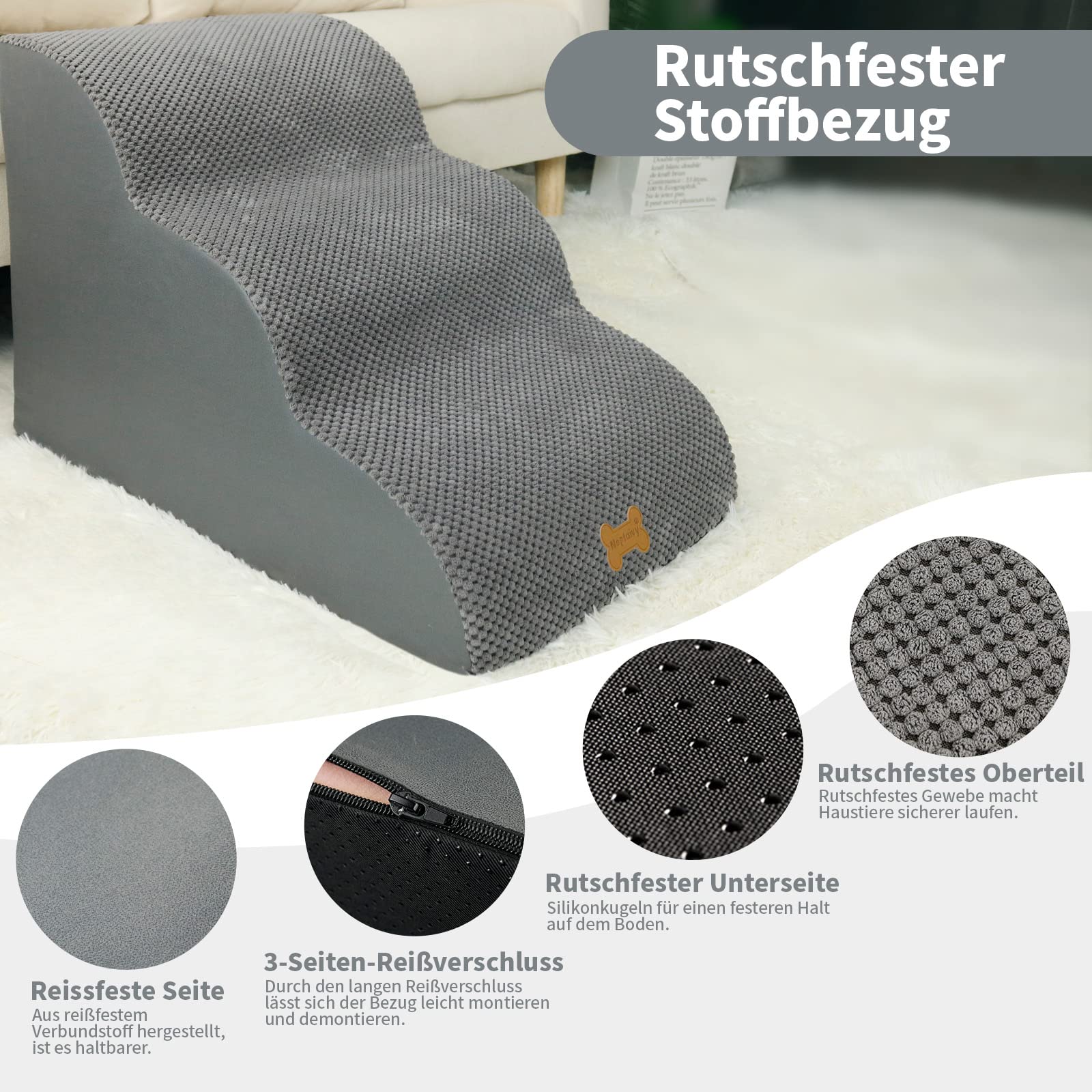 Nepfaivy Hundetreppe für Kleine Hunde 3-Stufig, Haustiertreppe für Bett und Sofa aus Hochdichtem Schwamm, Hunde Treppe Hunderampe mit Abnehmbarem, Waschbarem Bezug und Rutschfestem Boden, 60x40x40cm