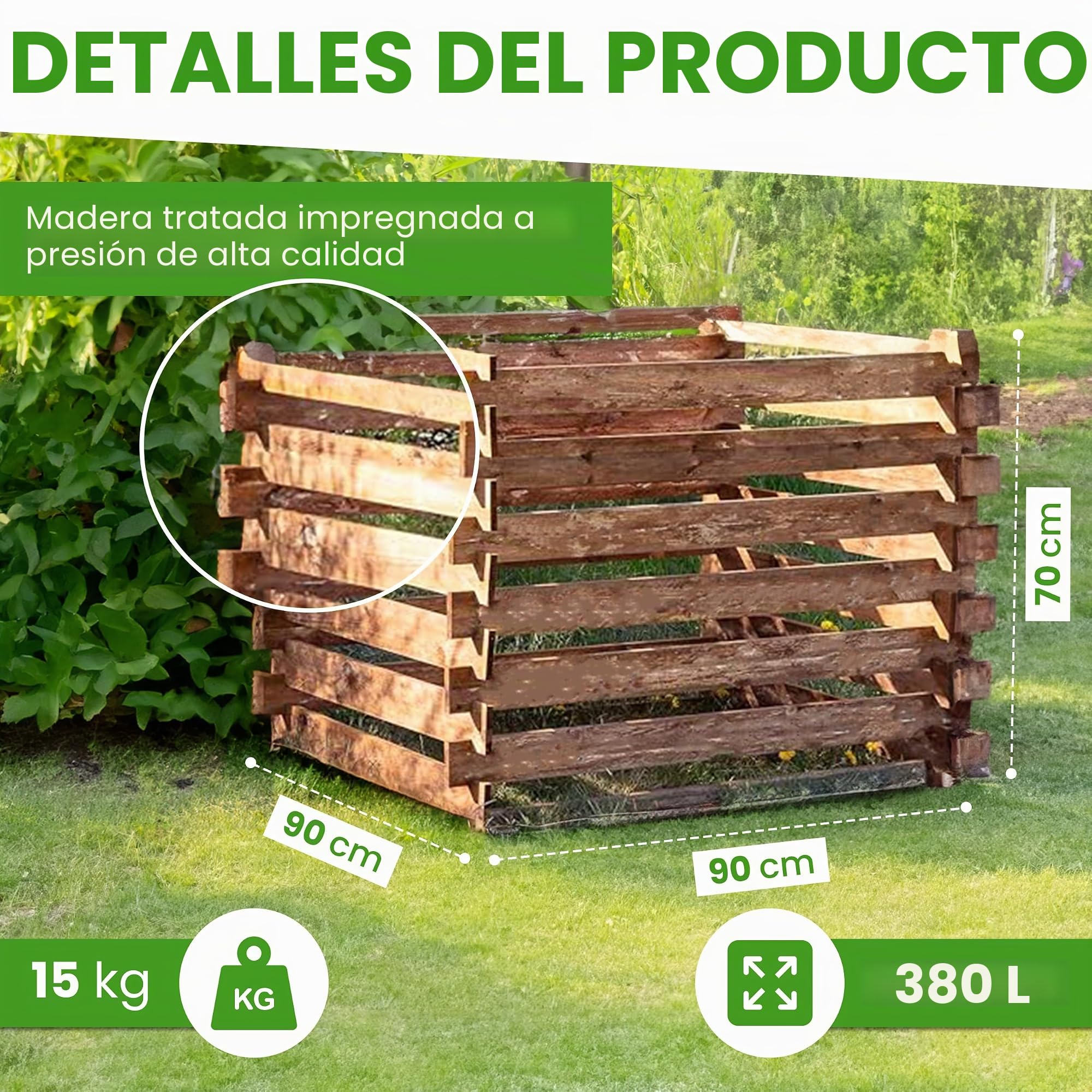 Compostador de madera de Gartenwelt Riegelsberger, 90 x 90 x 70 cm de pino marrón impregnado a presión con sistema de ranuras de madera