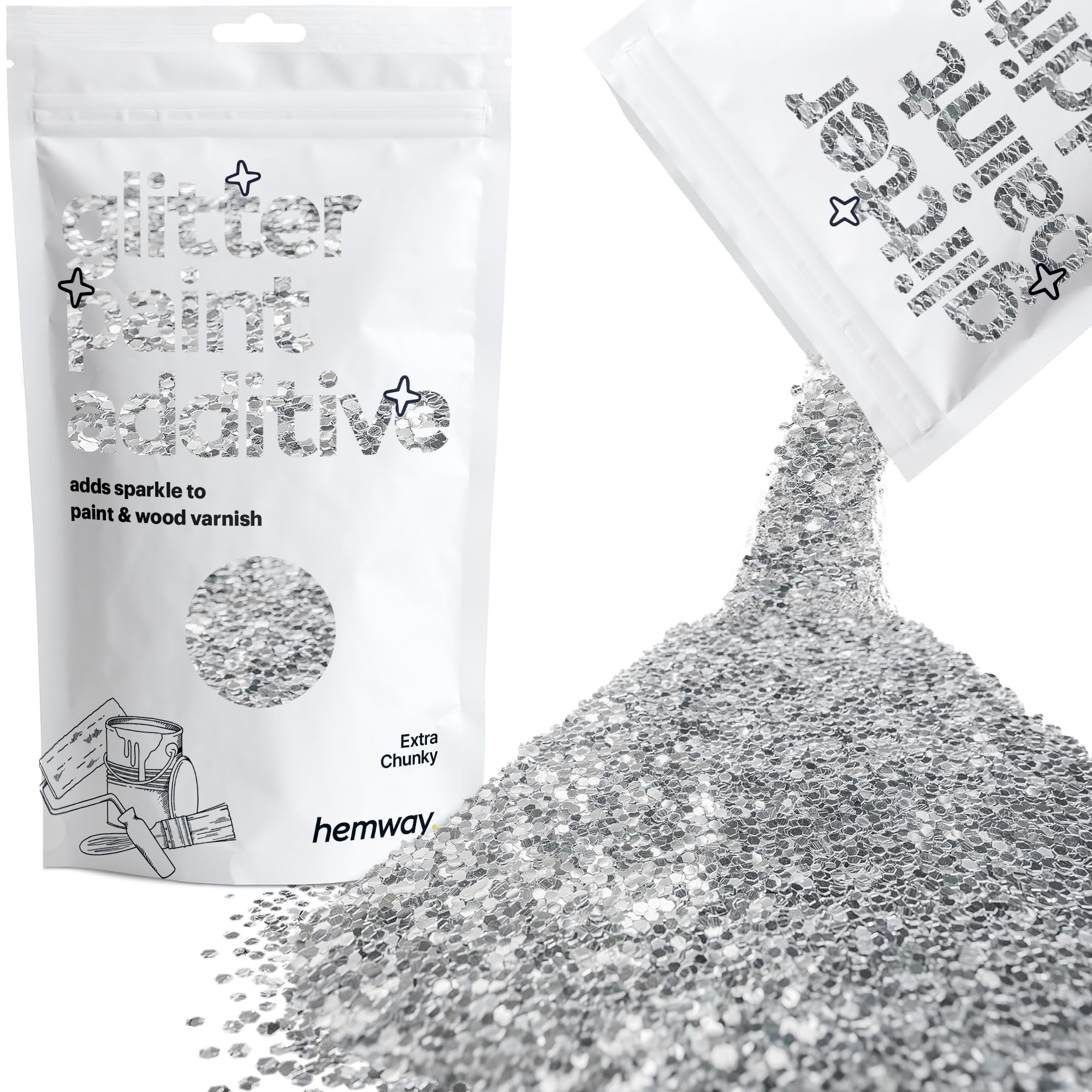 Silver Glitter Paint Additive Extra Chunky 100g for Adding Sparkle to Paints & Varnish | Paint Walls Sparkly Add to Emulsion, Acrylic or Lacquer Indoor | Hemway